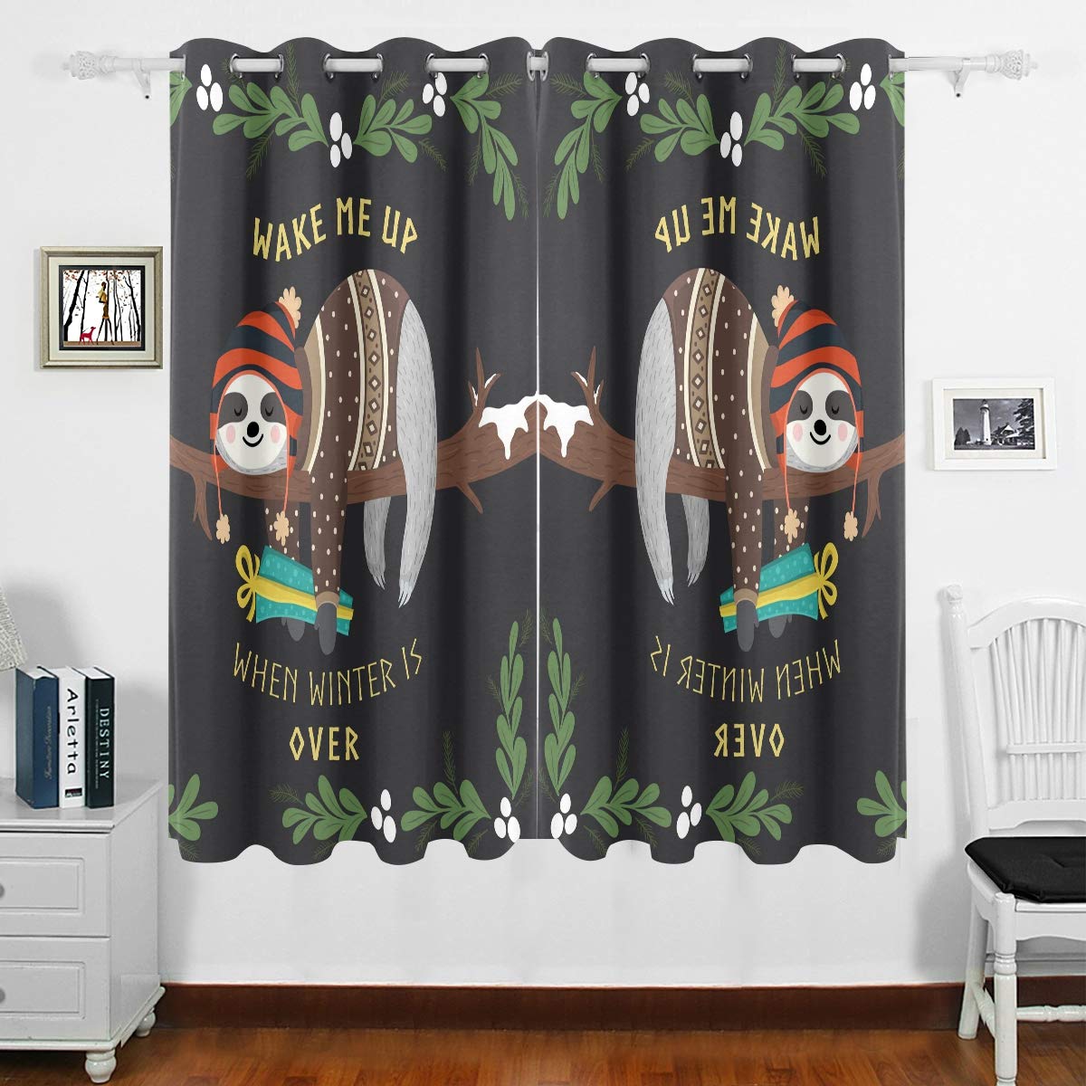 DOMIKING Blackout Curtains for Bedroom - Thermal Insulated Grommet Window Drapes with Cute Sloth Design (63x55 Inches) | Perfect for Nursery, Kids Room & Light-Sensitive Sleepers | Noise Reducing & Energy Saving Home Decor