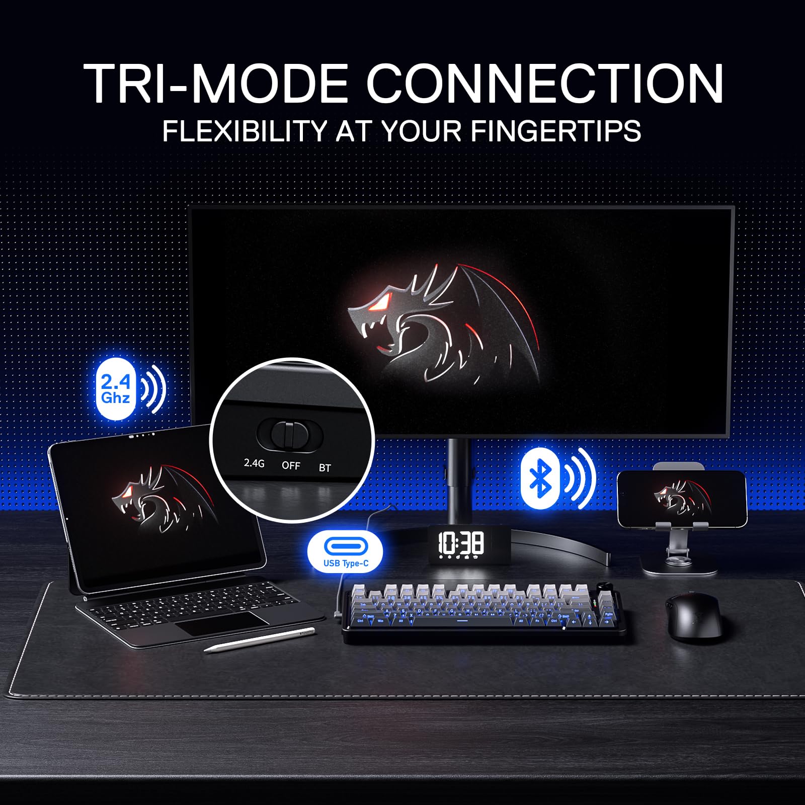 Redragon K673 GB 75% Wireless RGB Gaming Mechanical Keyboard - 3-Mode Connectivity (2.4G/Wired/Bluetooth), 81-Key Compact Design with Hot-Swap Sockets, PBT Keycaps, Dedicated Volume Knob & 5-Layer Noise Reduction | Perfect for PC Gaming, Office Work & Streaming Setup