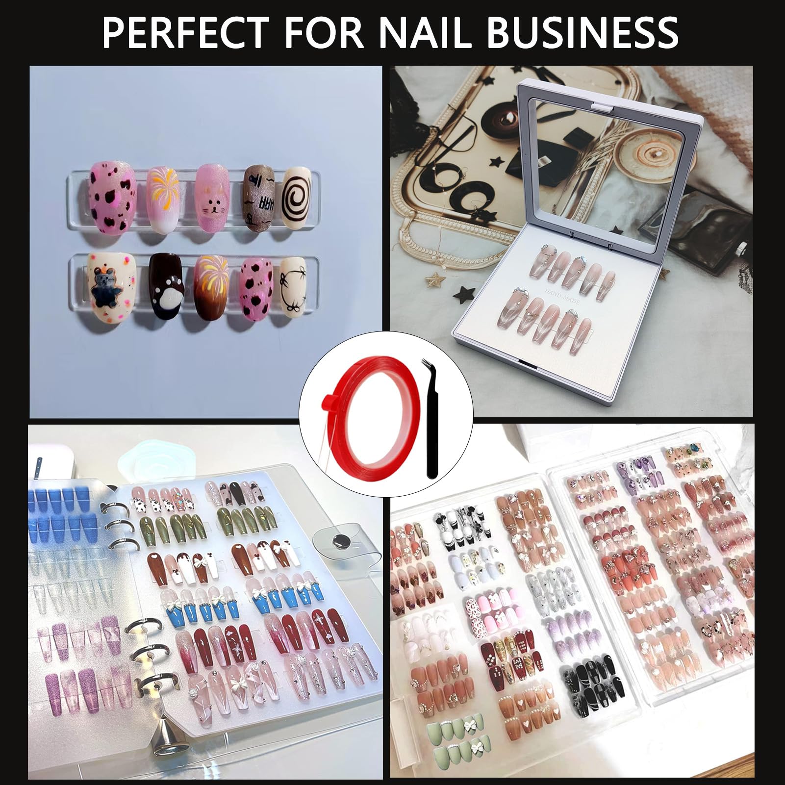 5 Rolls Double Sided Nail Tape for Press On Nails - Strong Adhesive Fake Nail Tape for Nail Art, Salon & DIY Manicures - Perfect for Nail Packaging, Storage, Display & Press On Nail Supplies - Includes Free Tweezer for Easy Application