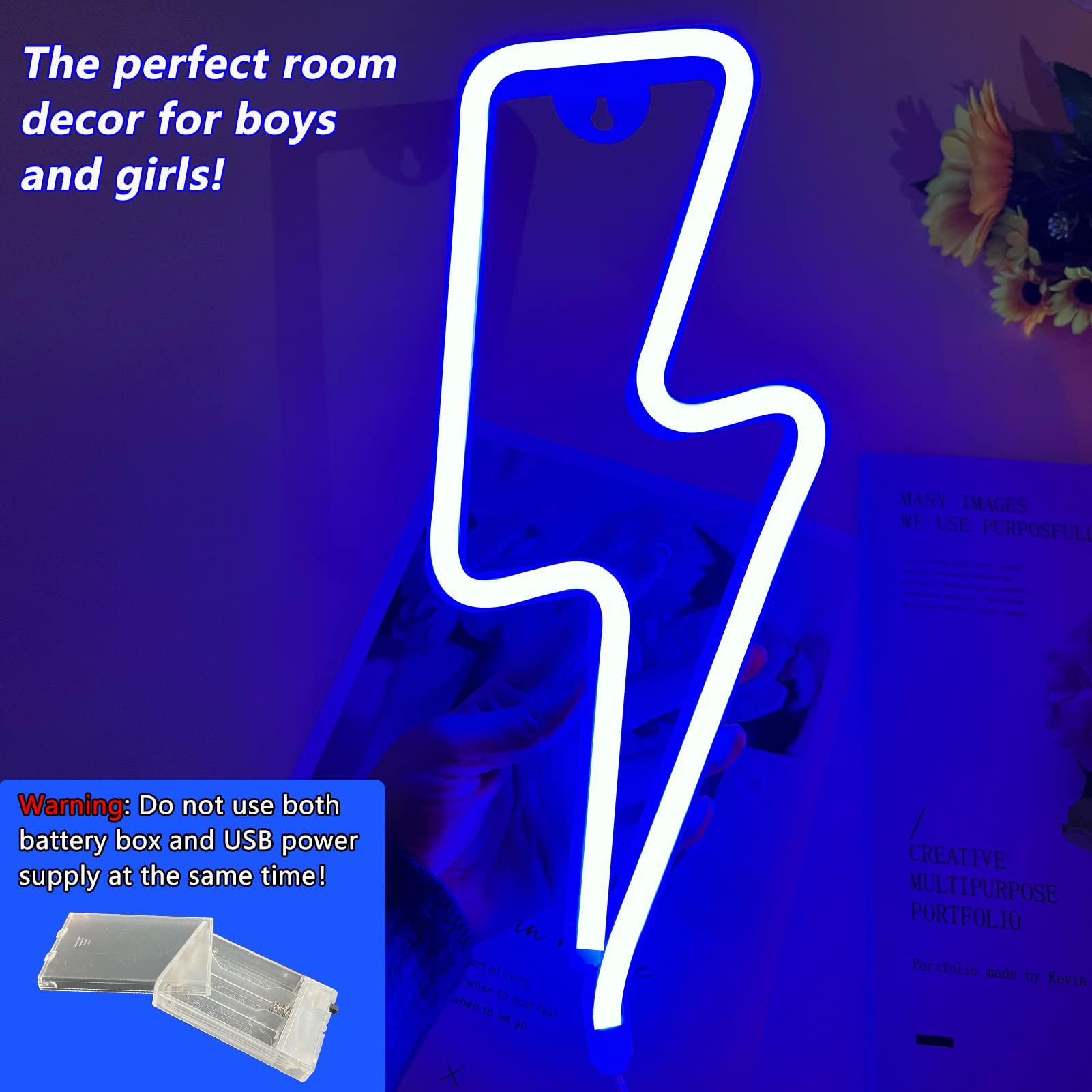Lightning Bolt Neon Sign - USB/Battery Powered LED Wall Decor for Bedroom, Kids Room, Party & Wedding | Blue Neon Light for Home, Birthday & Kids Decorations | Perfect for Night Lights, Gaming Room & Bar Decor