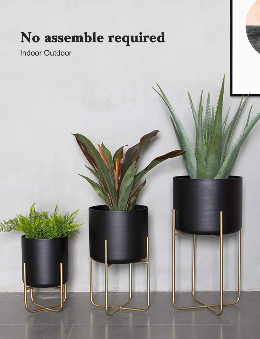 Sinolodo 3-Pack Large Floor Standing Planters with Metal Stand - Extra Large Black & Gold Flower Pots for Indoor/Outdoor Trees, Plants & Home Decor