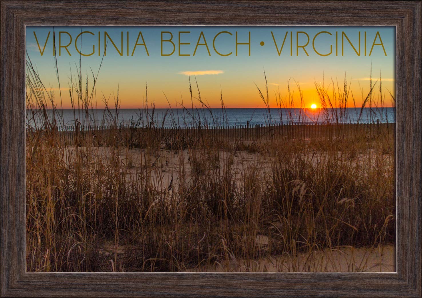 Virginia Beach & Sunrise Fine Art Print - 12x18 Giclee on Recycled Wood Frame in Espresso Brown - Coastal Wall Decor for Living Room, Bedroom & Office
