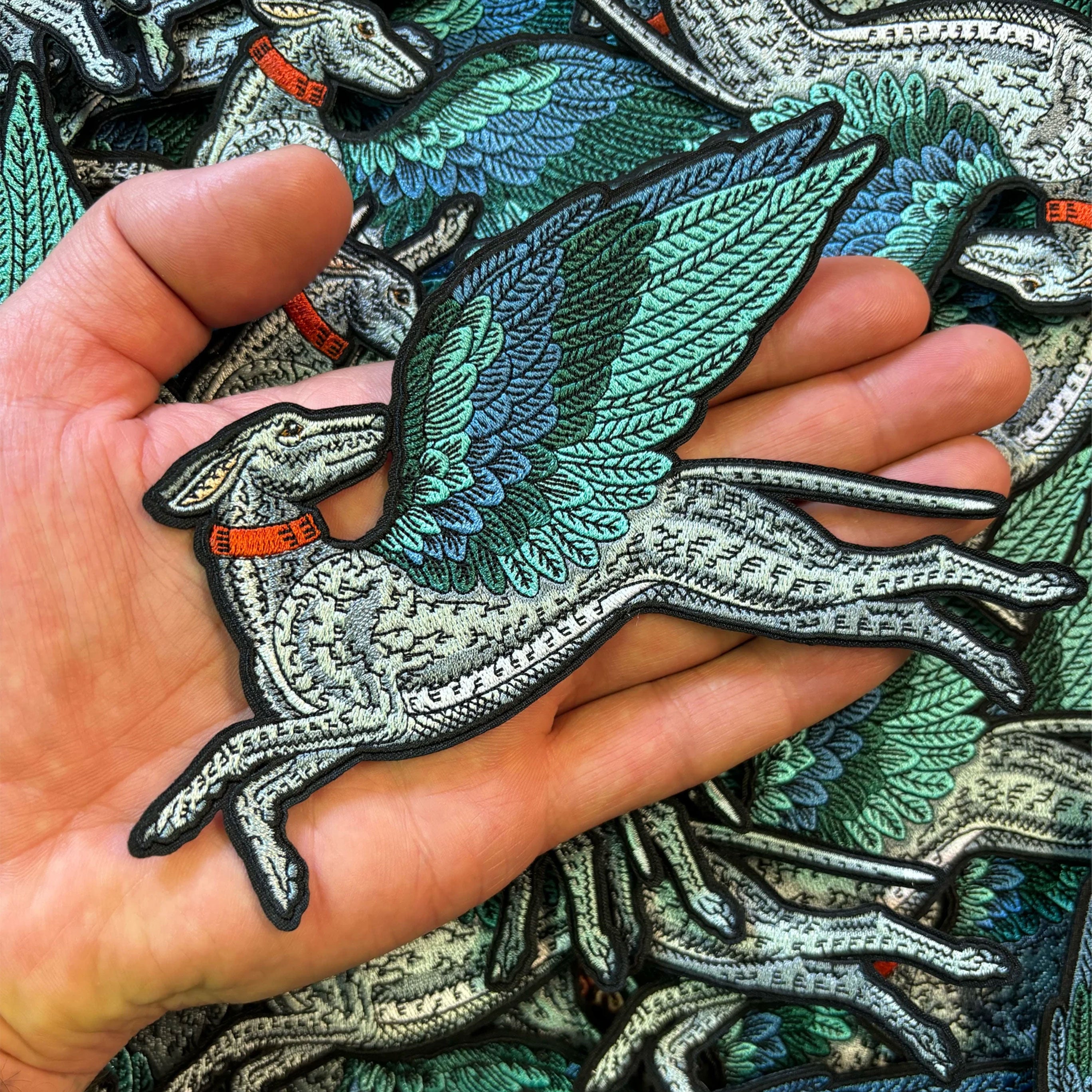 House of Hawks Teal Flying Hound Embroidered Fabric Patch - Iron-On or Sew-On Applique for Jackets, Bags & DIY Crafts