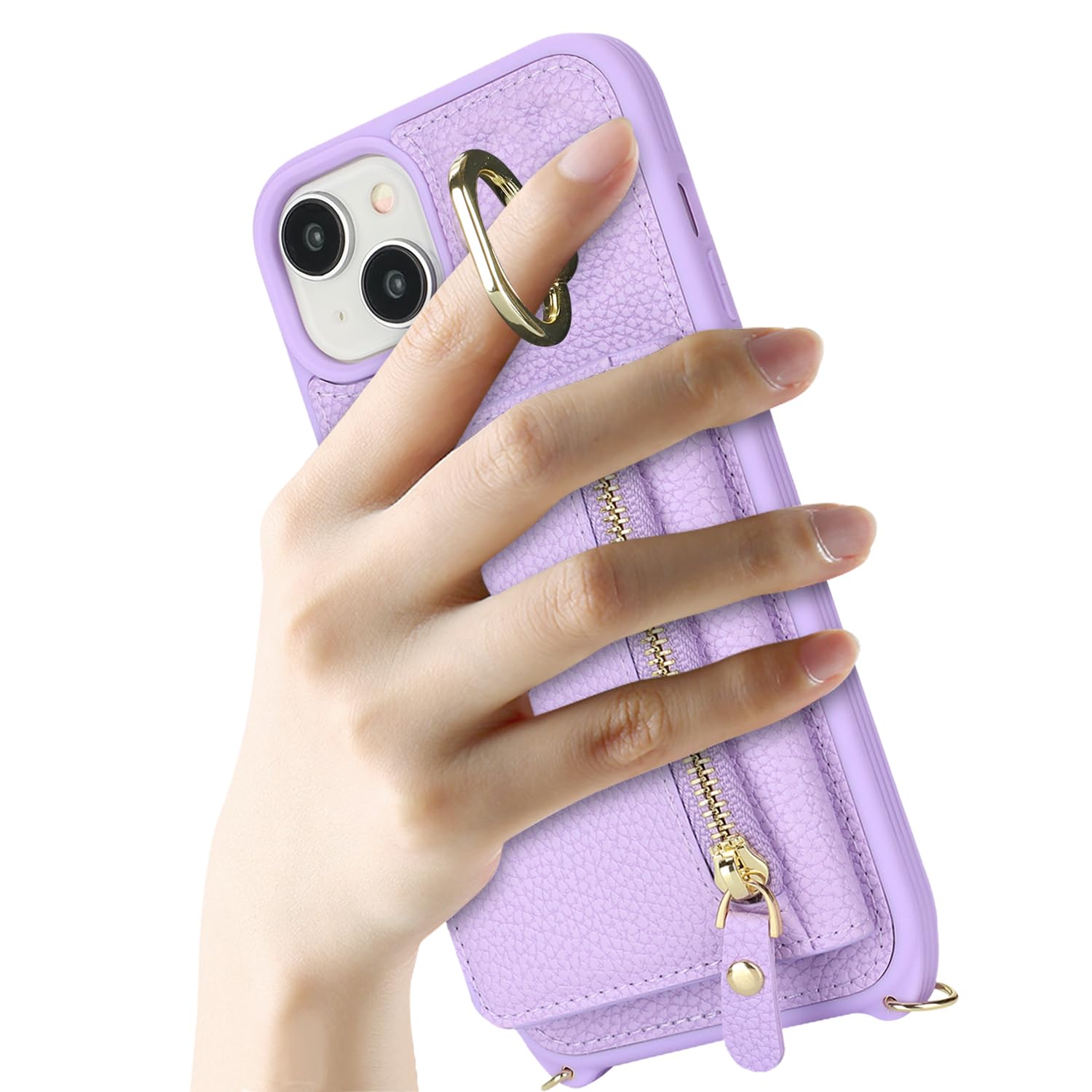 Premium PU Leather iPhone 15 Plus Case with Card Holder & Crossbody Strap - Wallet Phone Case with Stand Ring & Zipper Pocket (Purple) | Perfect for Women's Daily Use, Travel, Shopping & Hands-Free Convenience