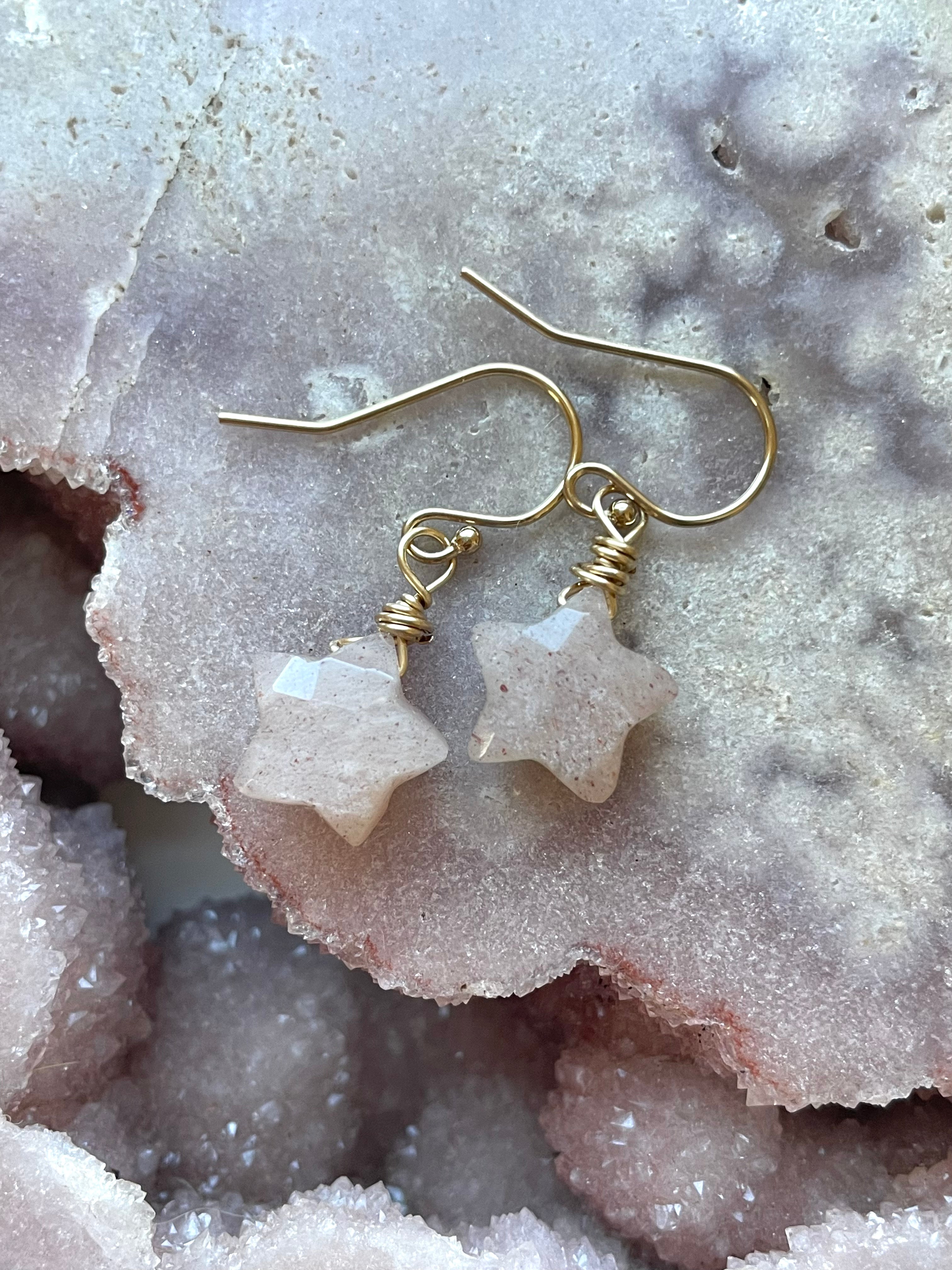 Peach Moonstone Star Earrings - Dainty Dangle Drop Earrings for Women | Perfect for Everyday Wear, Date Nights & Boho Jewelry Collection