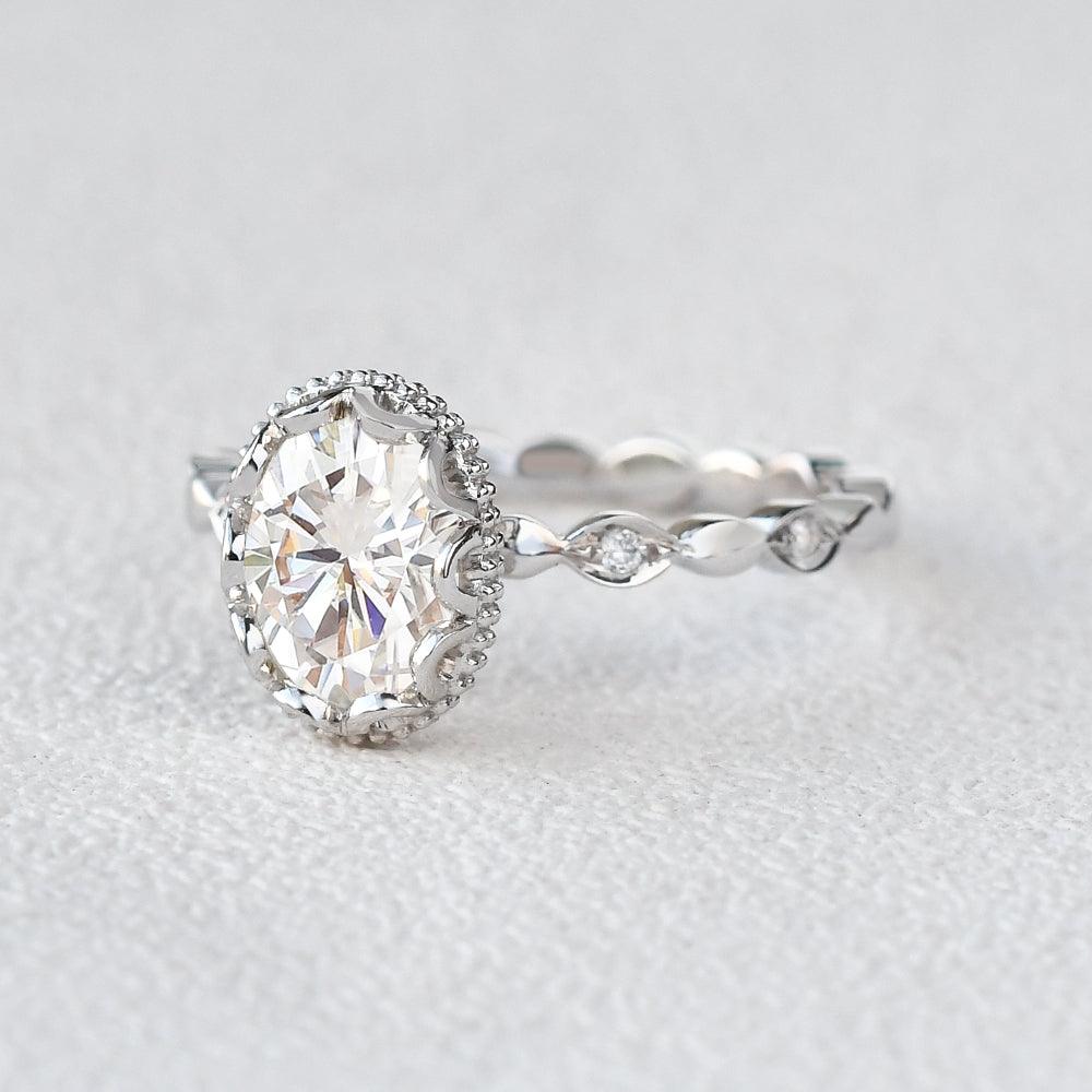 Oval Cut Moissanite Halo Milgrain Engagement Ring - 14K White Gold Vintage Wedding Band for Women, Perfect for Proposals, Anniversaries & Bridal Jewelry