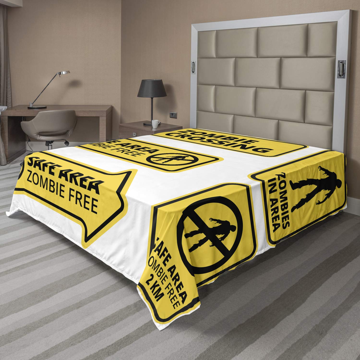 Ambesonne Zombie Horror Movie Design Flat Sheet - Queen Size Yellow & Black Soft Comfortable Top Sheet for Bedroom Decor | Safe Zone Caution Sign Inspired Bedding | Perfect for Halloween, Horror Fans & Themed Rooms