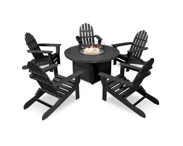 Polywood Black Classic Folding Adirondack 6-Piece Outdoor Conversation Set with Fire Pit Table - Perfect for Patio, Backyard, and Garden Relaxation
