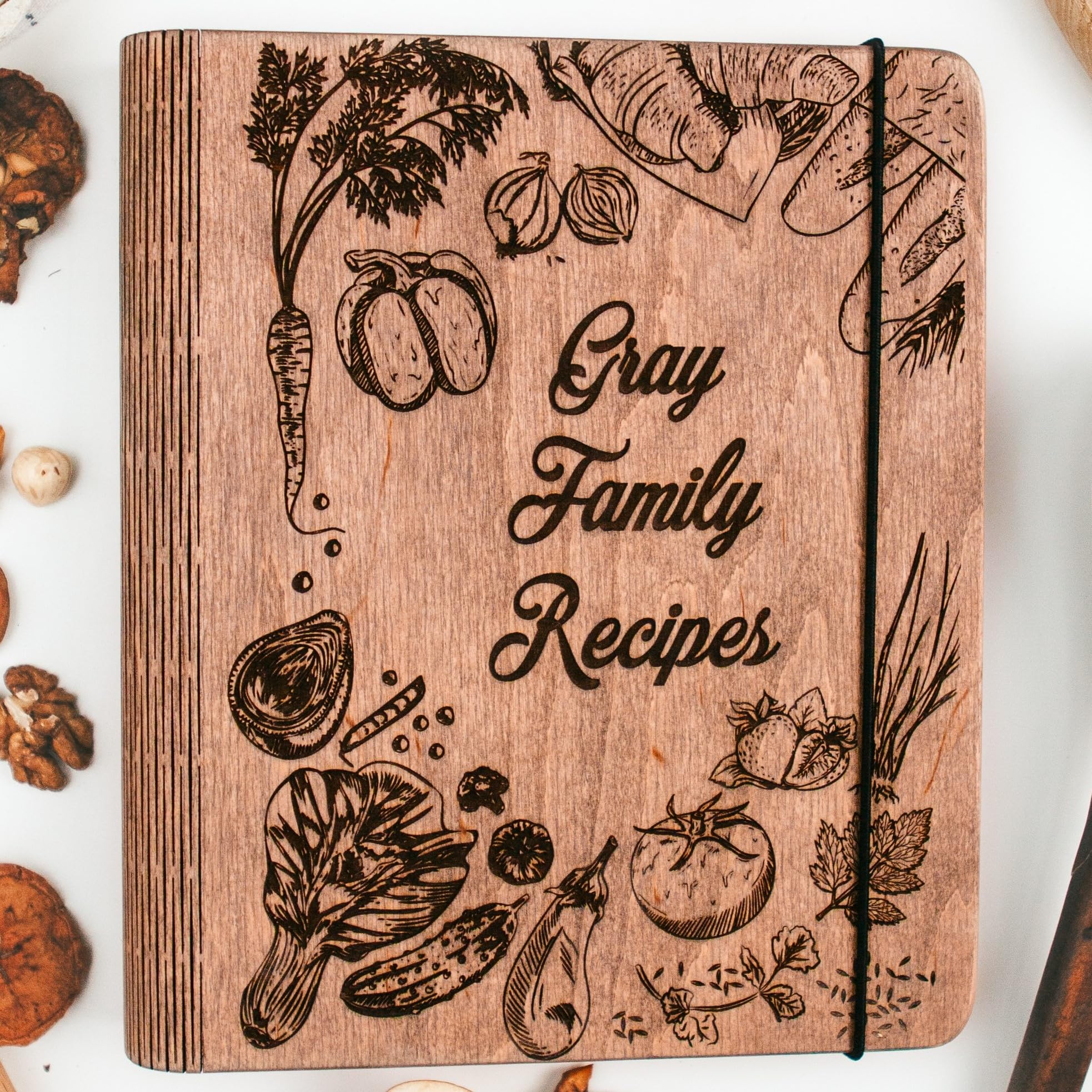 Personalized Wooden Recipe Book Binder - Custom Family Cookbook Journal for Writing Your Own Recipes - Hardcover Blank Recipe Organizer (A4 Size, Peppers Design) - Perfect for Home Chefs, Wedding Gifts & Family Heirloom Creation