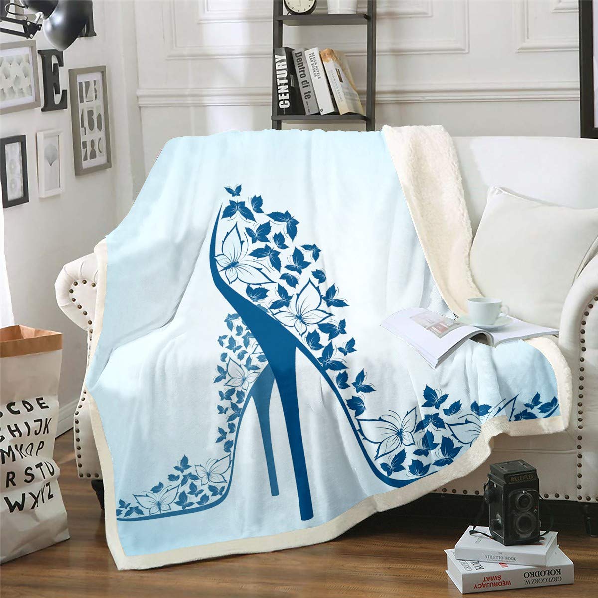 Eiffel Tower Sherpa Fleece Blanket - Purple & Blue Butterfly Print, High Heel Design, 90x90 Inch Queen Size - Cozy Paris-Themed Throw for Kids, Girls & Women | Perfect for Bedroom Decor, Sofa Cover, Romantic Gifts & Winter Warmth