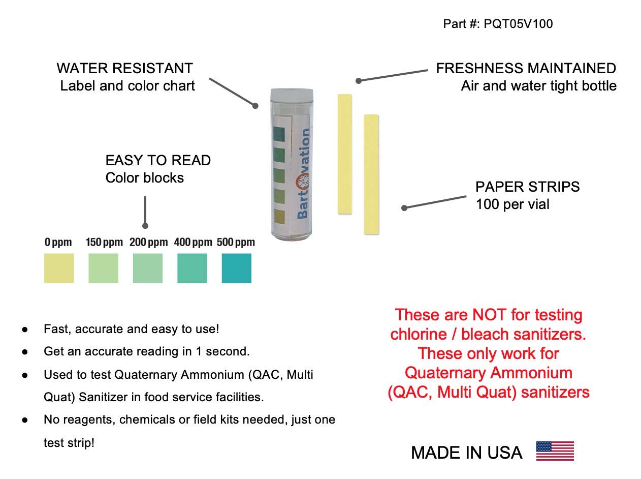 Quaternary Ammonium (QAC) Sanitizer Test Strips 0-500 ppm - 100 Count Vial for Restaurant Food Safety & Surface Disinfection Monitoring