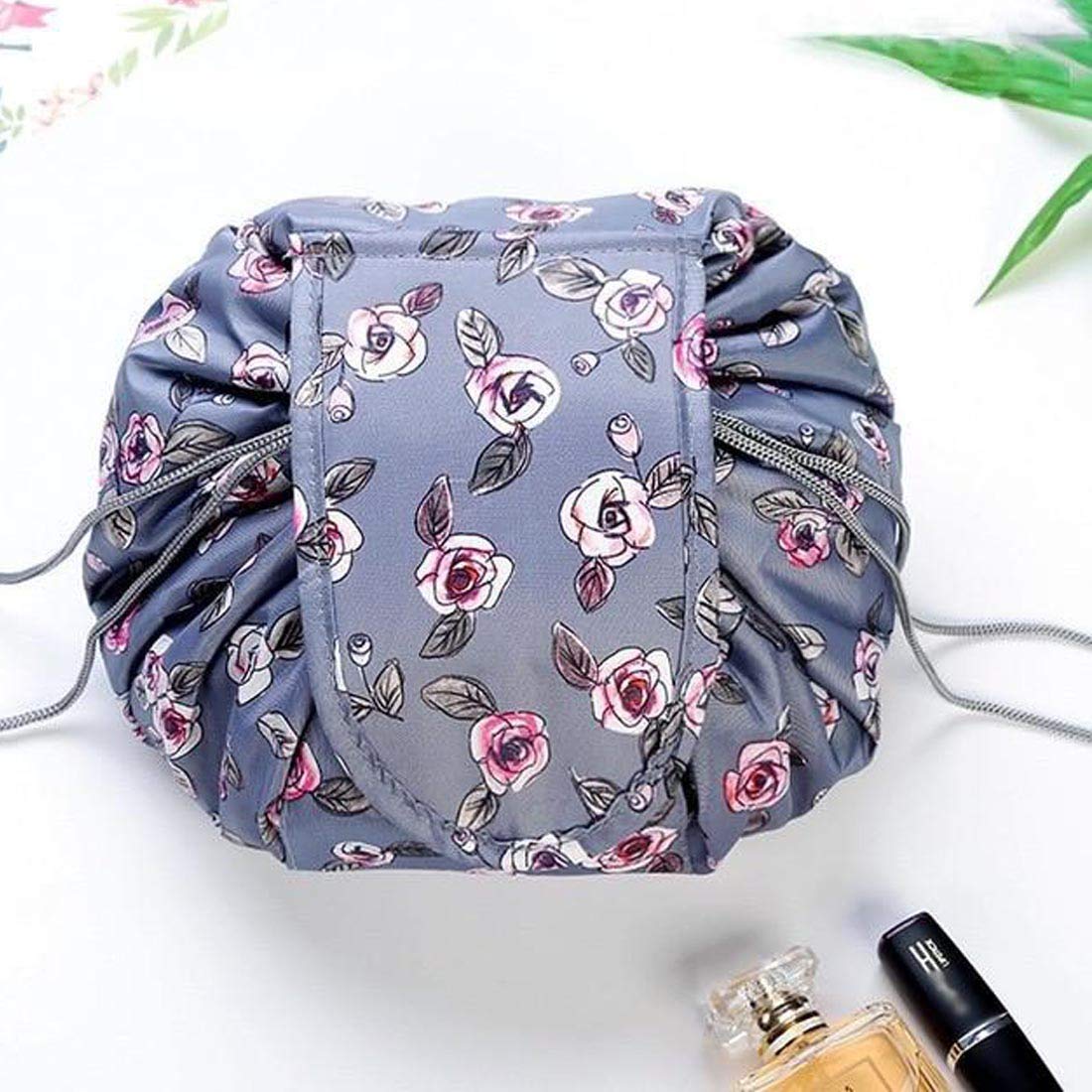 Foldable Round Cosmetic Travel Bag - Waterproof Makeup Organizer Pouch for Women (Grey) | Perfect for Airplane Carry-on, Gym & Weekend Getaways