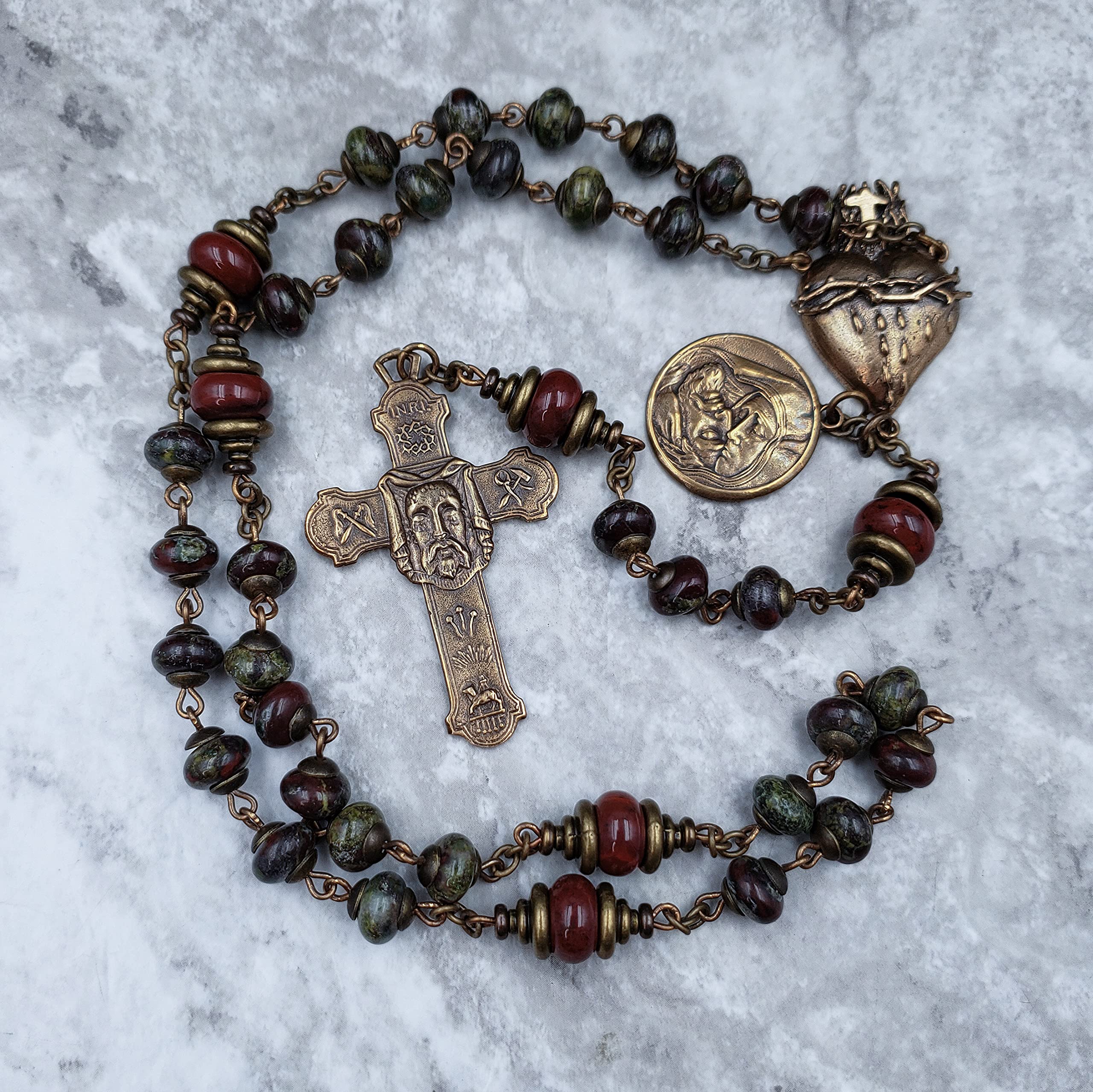 Holy Face of Jesus Devotional Sacred Bleeding Heart Chaplet - Bronze & Bloodstone Red Jasper Rosary for Protection, Stress Relief - Perfect for Prayer, Meditation & Spiritual Healing