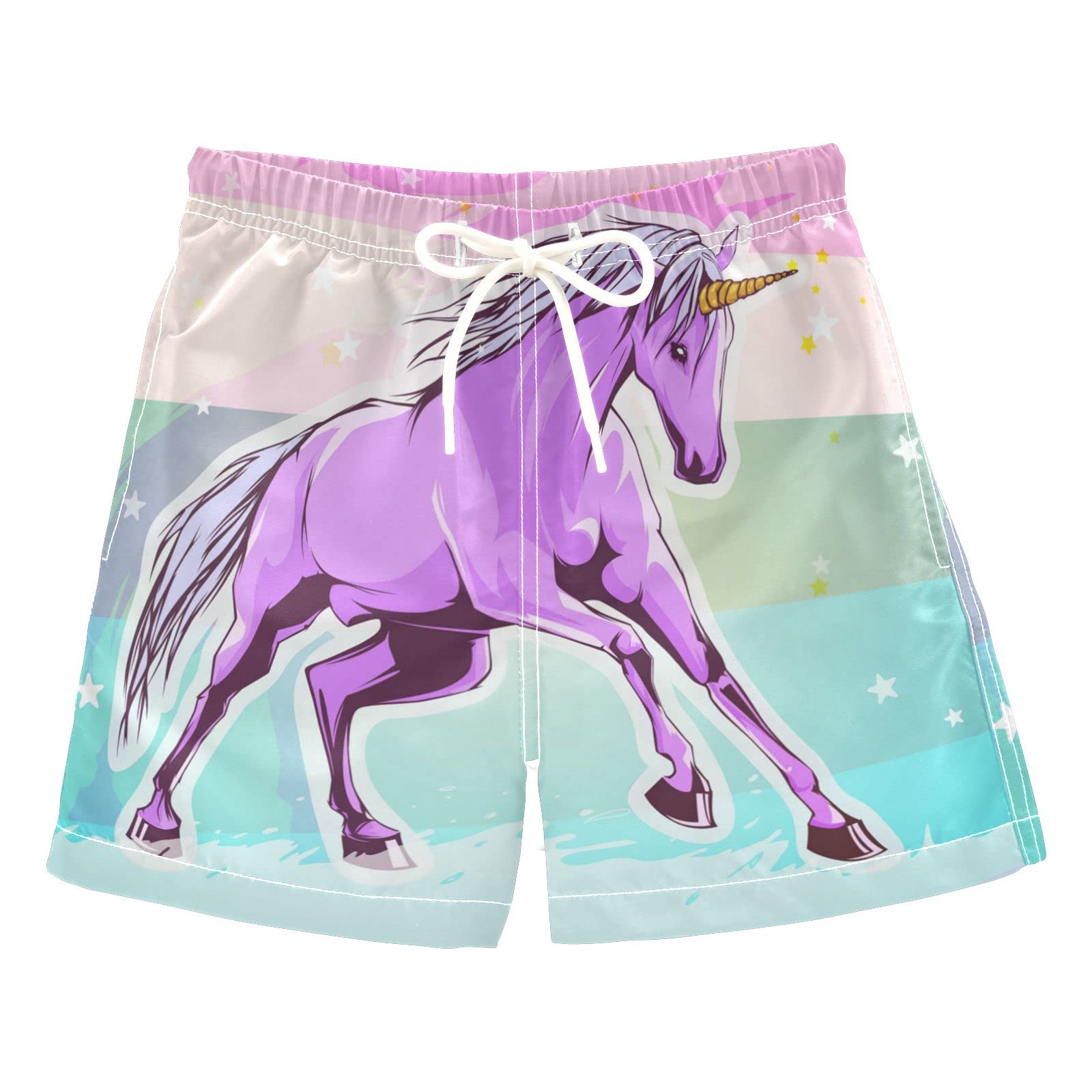 **Boys' Purple Unicorn Swim Trunks with Rainbow Print - Quick-Dry Board Shorts for Beach, Surf & Pool - Hawaii Vacation Essentials for Kids**    *(Perfect for beach trips, pool parties, summer vacations, and water sports!)*
