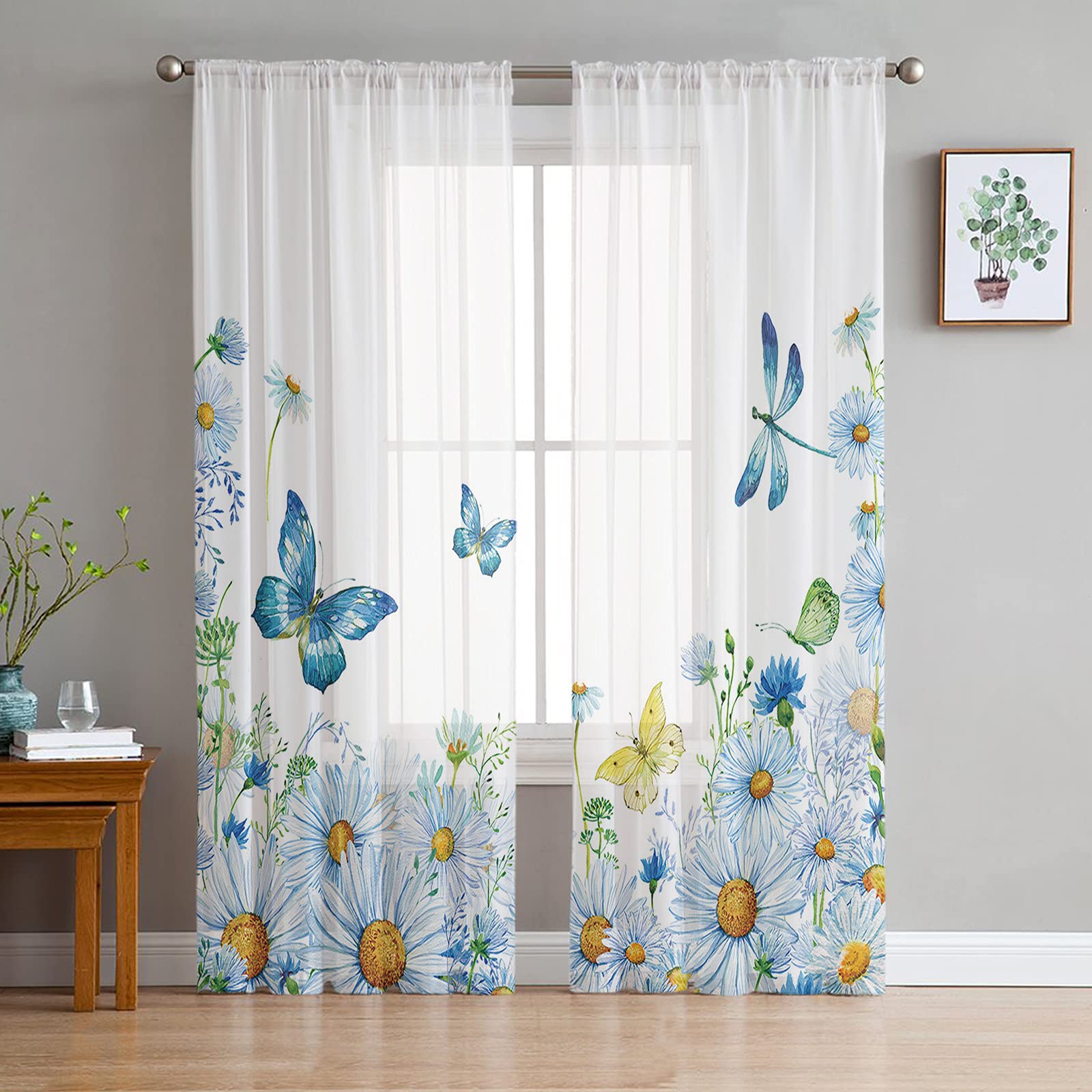 2 PCS Semi-Sheer Voile Curtains 84 Inches Long - Spring Floral Butterflies & Blue Daisy Watercolor Print, Rod Pocket Window Drapes for Living Room, Bedroom, Kitchen (104x84 Inches) | Light Filtering Sheer Curtains for Home Decor & Sun Protection