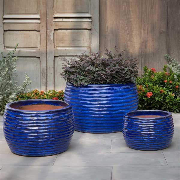Montauk Planter Set of 3 - Riviera Blue Ceramic Flower Pots for Indoor & Outdoor Plants - Modern Garden Decor by Campania International - Perfect for Patio, Balcony, and Home Décor