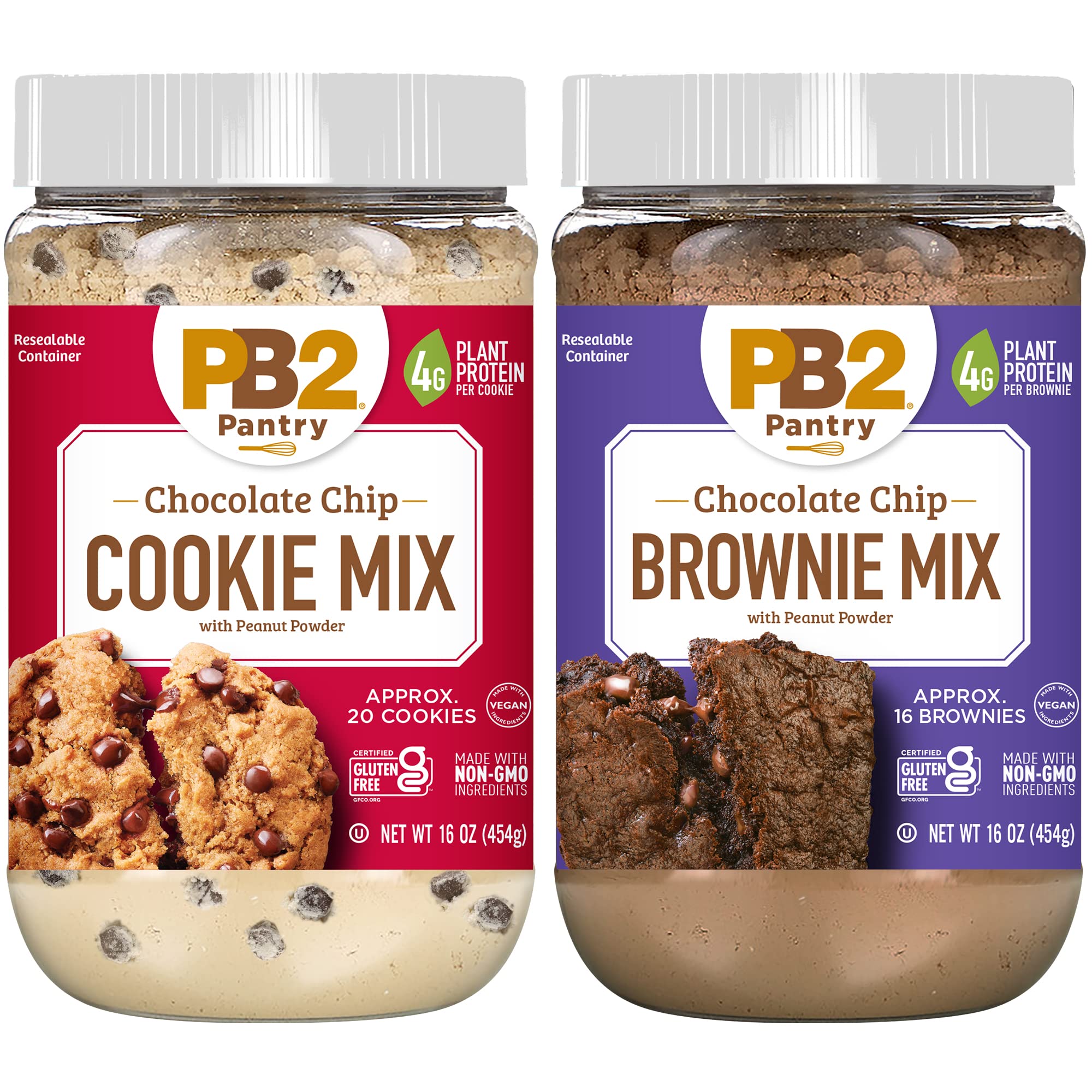 PB2 Pantry Chocolate Chip Cookie & Brownie Mix - Gluten Free, Non-GMO, Vegan, 4g Protein Per Cookie (2 Jars, 16 Oz Each) - Perfect for Healthy Baking, Snacks & Desserts