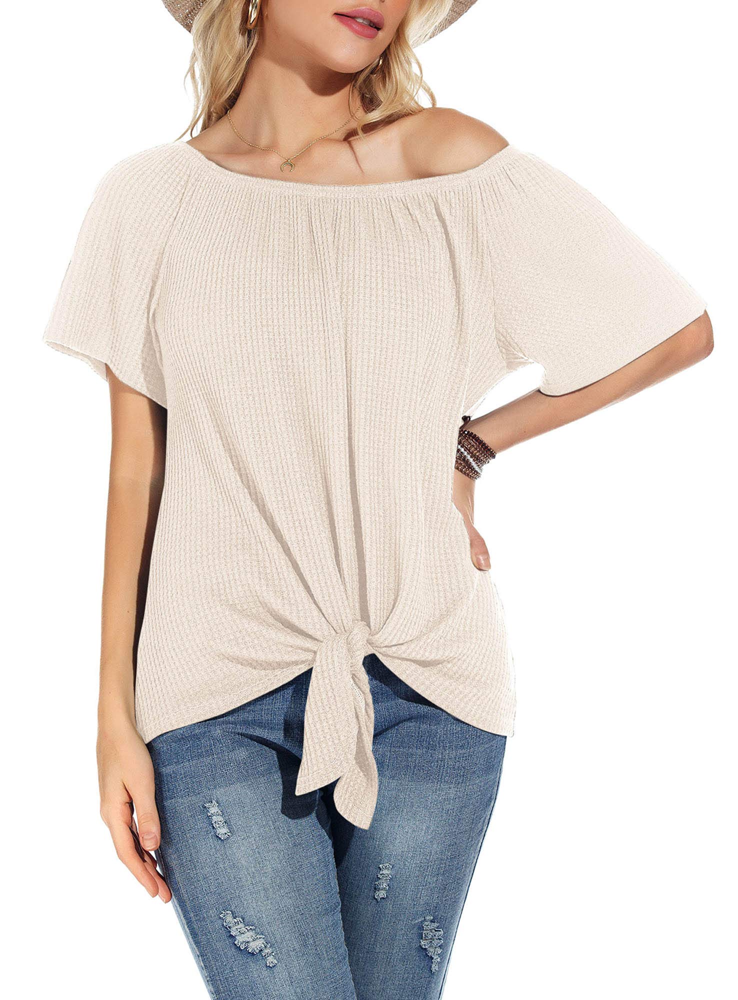 Women's Waffle Knit Off Shoulder Tops - Casual Short Sleeve Tie Knot Blouse, Loose Summer T-Shirt for Beach, Vacation & Date Night Outfits
