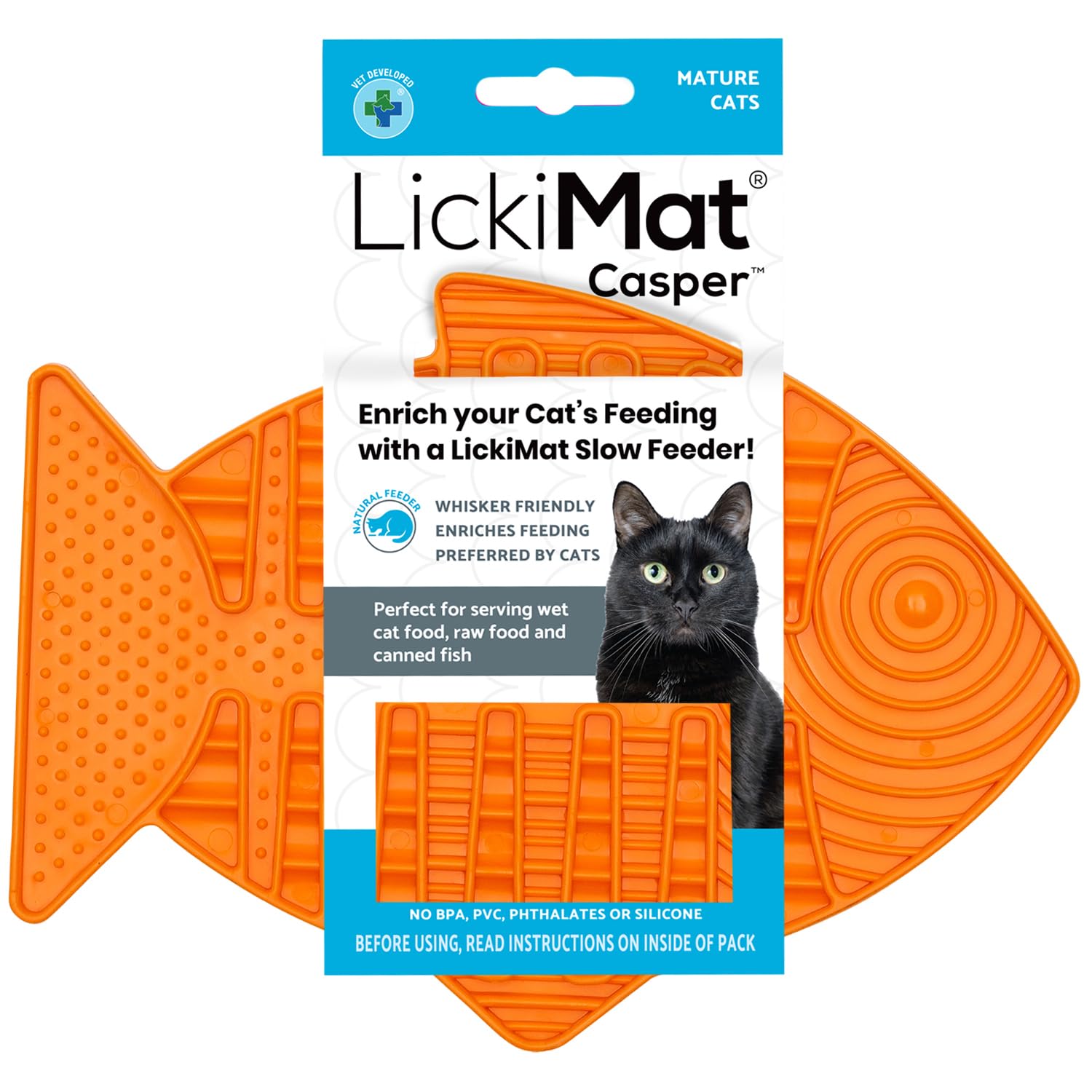 Fish-Shaped LickiMat Casper - Slow Feeder Cat Lick Mat for Anxiety Relief & Boredom - Perfect for Wet Food, Treats, Yogurt & Peanut Butter - Fun Alternative to Slow Feed Cat Bowls - Great for Grooming, Mealtime & Stress Relief - Orange Pet Supplies