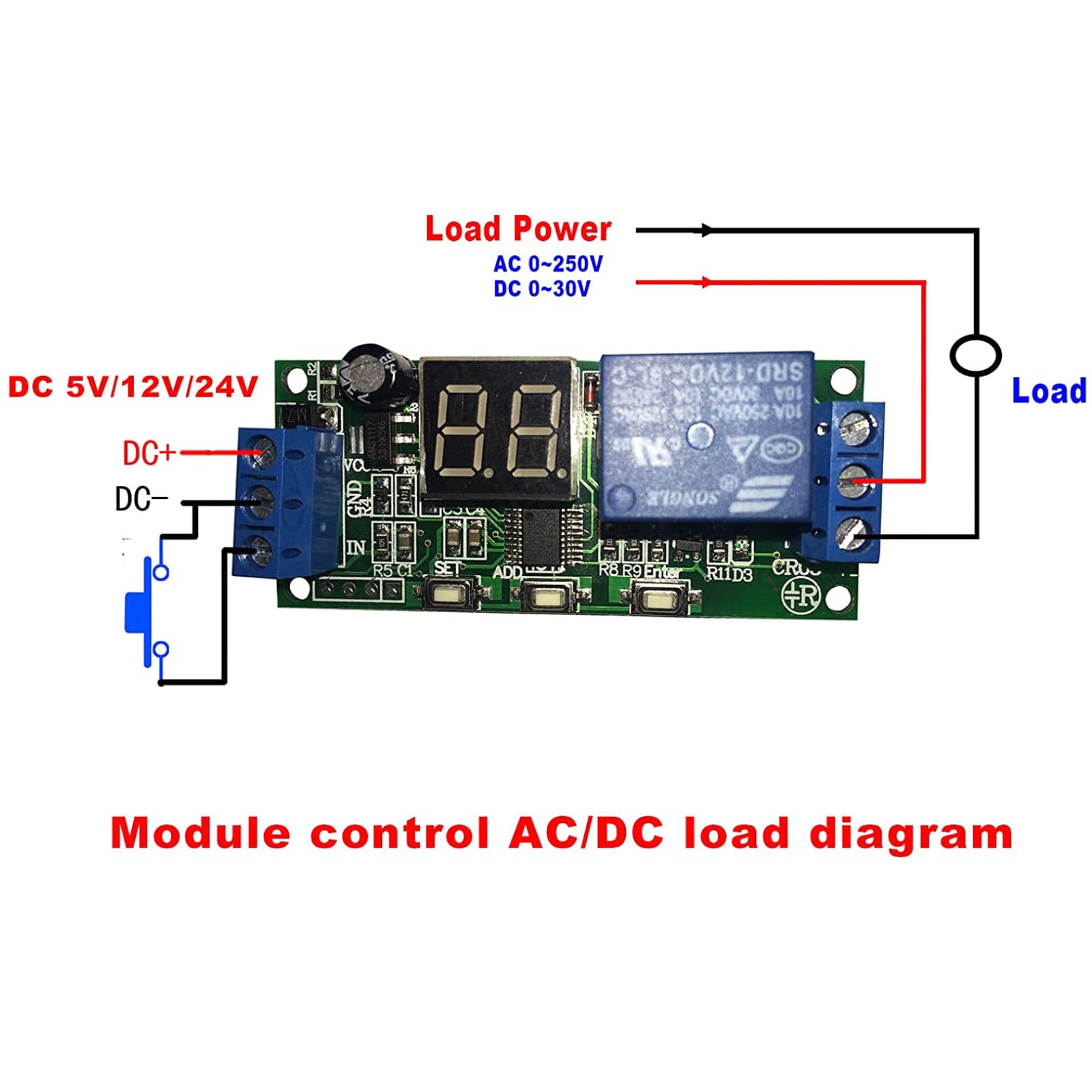 12V Digital LED Display Infinite Cycle Timer Relay Module - Adjustable ON/OFF Delay Switch for Home Automation, Industrial Control & DIY Projects (DC 5V/12V/24V Compatible)