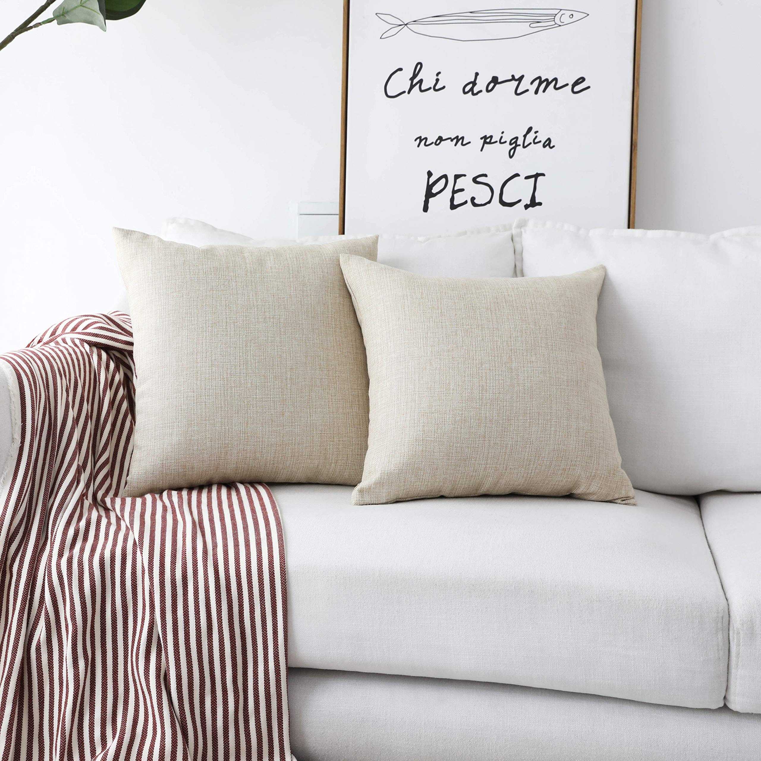 Premium Linen Burlap Throw Pillow Covers Set of 2 - 16x16 Inch Beige Cream Couch Sofa Pillowcases - Lightweight Breathable Linen Fabric for Living Room, Bedroom & Home Decor