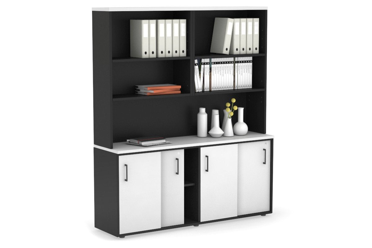 Modern White Sliding Door Credenza with Open Hutch - 1600W x 750H x 450D - Perfect for Home Office, Living Room & Bedroom Storage Organization