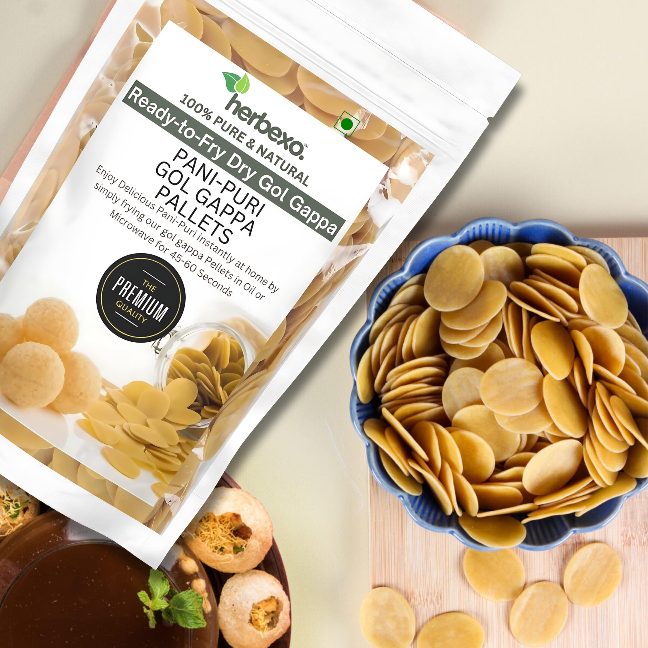 **Herbexo Pani Puri Ready-to-Fry/Bake Pellets (250g) - Instant Golgappa Papdi with Free Pani Masala Mix | Authentic Indian Street Snack | Microwave & Air Fryer Friendly | Perfect for Parties, Quick Snacks & Family Gatherings**