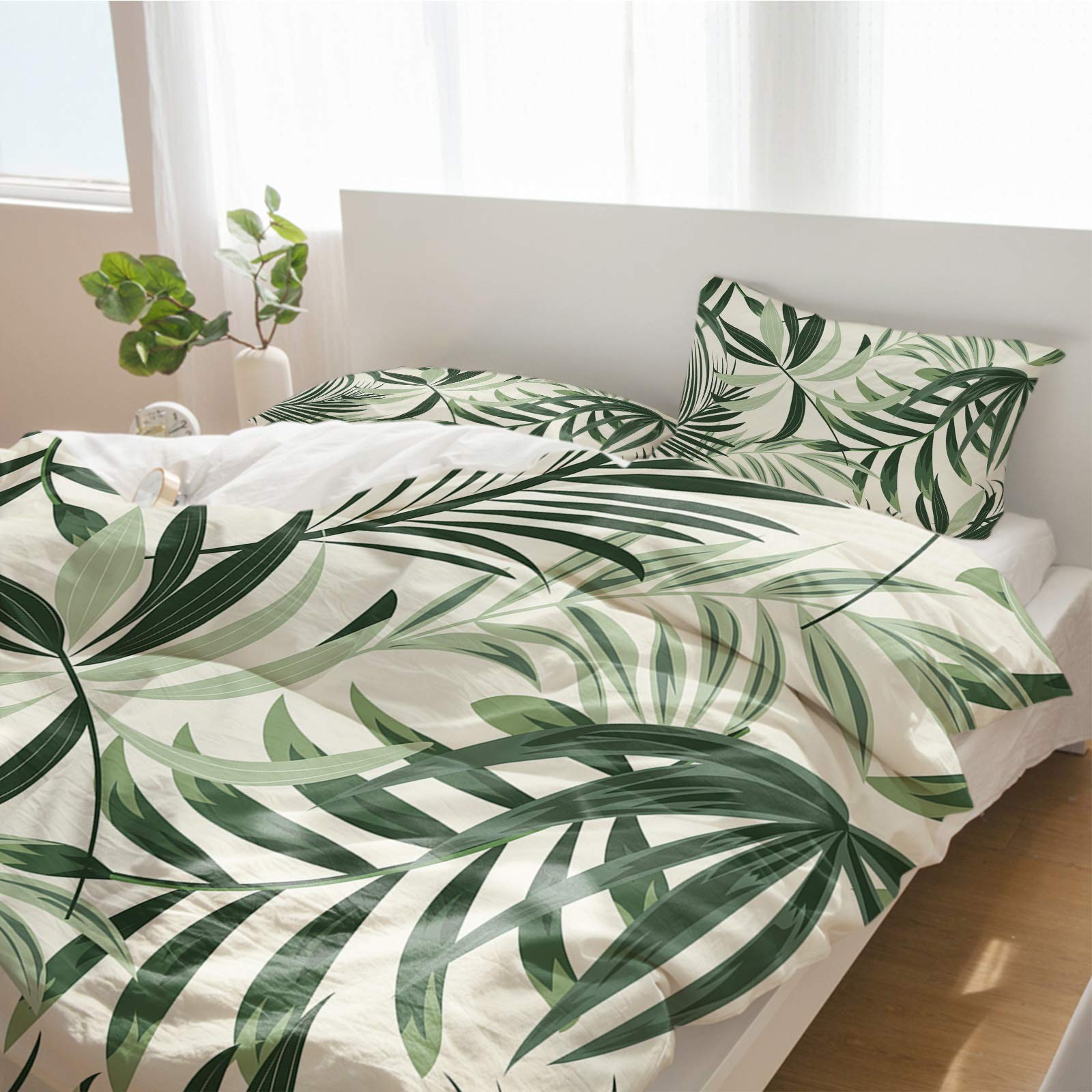 3-Piece Duvet Cover Set King Size - Tropical Green Leaf Print Luxury Soft Microfiber Bedding with Pillowcases, Rustic Beige Back - Perfect for Master Bedroom, Guest Room & Vacation Home Decor