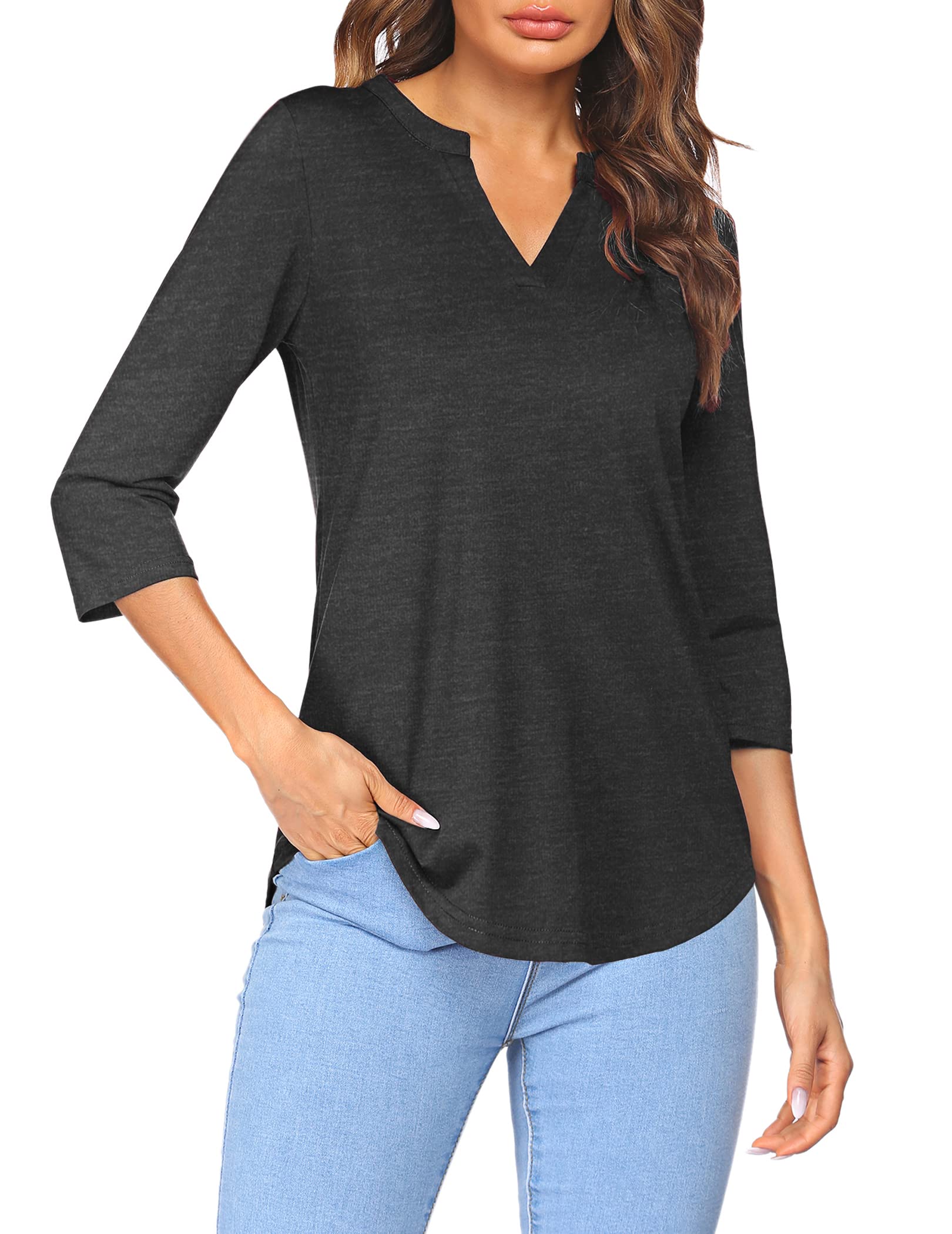 Sherosa Women's 3/4 Sleeve V-Neck Casual Henley Blouse - Soft Work Tops for Office & Everyday Wear - Perfect for Business Casual, Date Night & Weekend Outings