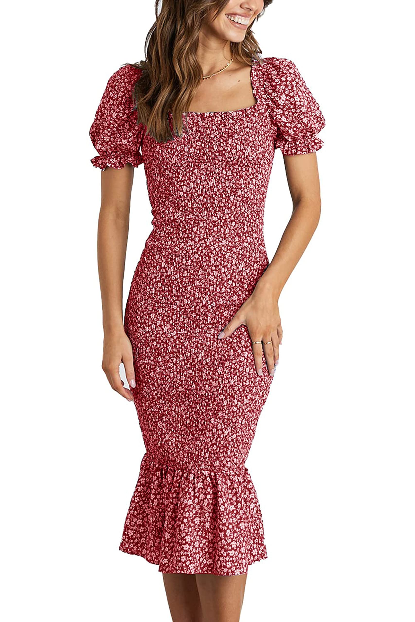 PRETTYGARDEN Floral Bodycon Midi Dress 2025 - Puff Sleeve Mermaid Cocktail Dress for Baby Shower, Maternity, Photoshoot & Summer Occasions | Women's Elegant Party Dress