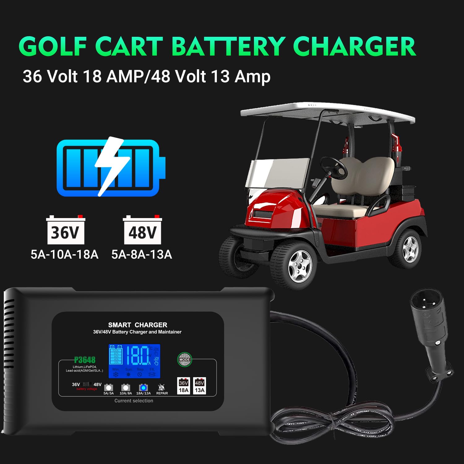 36V/48V Golf Cart Battery Charger - 18A/13A Smart Charger with 3-Pin Round Plug for Club Car, Compatible with Lithium, LiFePO4, Lead-Acid AGM/Gel/SLA Batteries - Perfect for Golf Course, RV & Marine Use