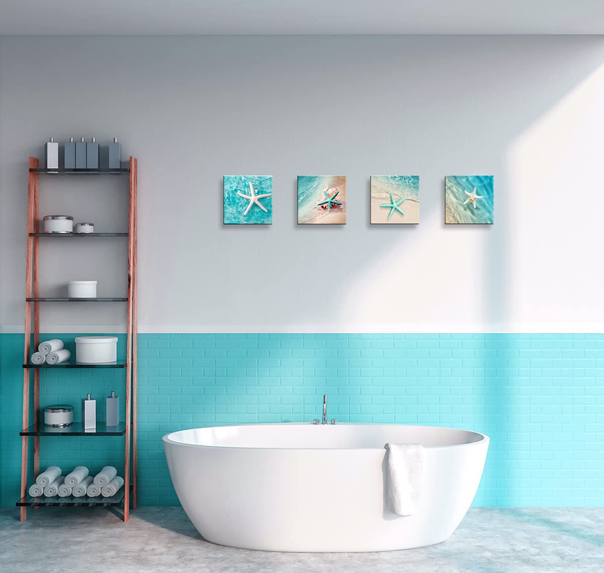 BQVCT Beach Green Starfish Canvas Wall Art - 12x12 Inch x4 Panels, Ready to Hang Bathroom & Home Decor, Natural Beach Pictures for Coastal Living Room & Bedroom Decorations