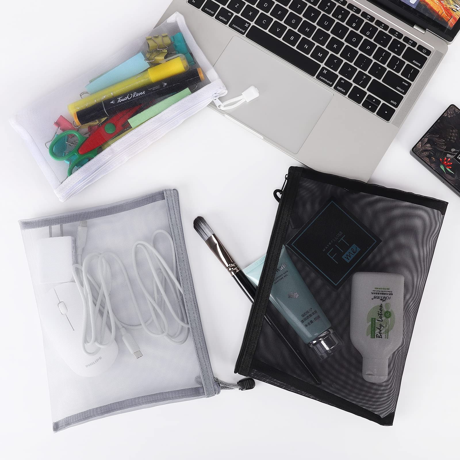 12-Piece Nylon Mesh Zipper Pouch Set - A5 & B6 Sizes, Black/White/Grey - Multipurpose Cosmetic Bags, Makeup Organizers, Pencil Cases & Travel Accessories for School, Office & Vacation Essentials - Perfect for Toiletry Kits, Art Supplies Storage & Travel Organization
