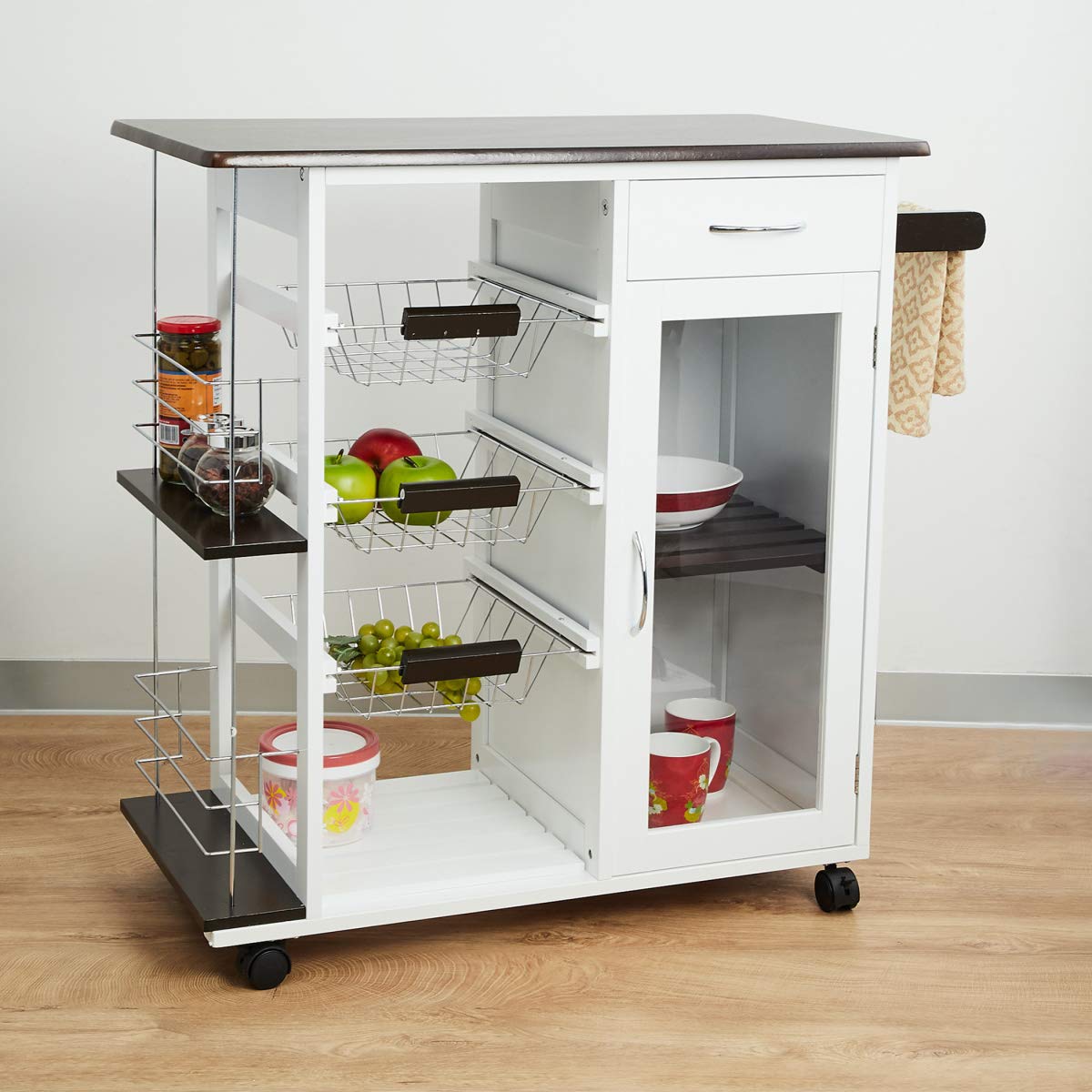 Tranzit Rectangular Wooden Kitchen Trolley Cart - Rolling Kitchen Island with Storage for Small Spaces - Perfect for Food Prep, Serving, and Extra Counter Space in Apartments & Compact Kitchens