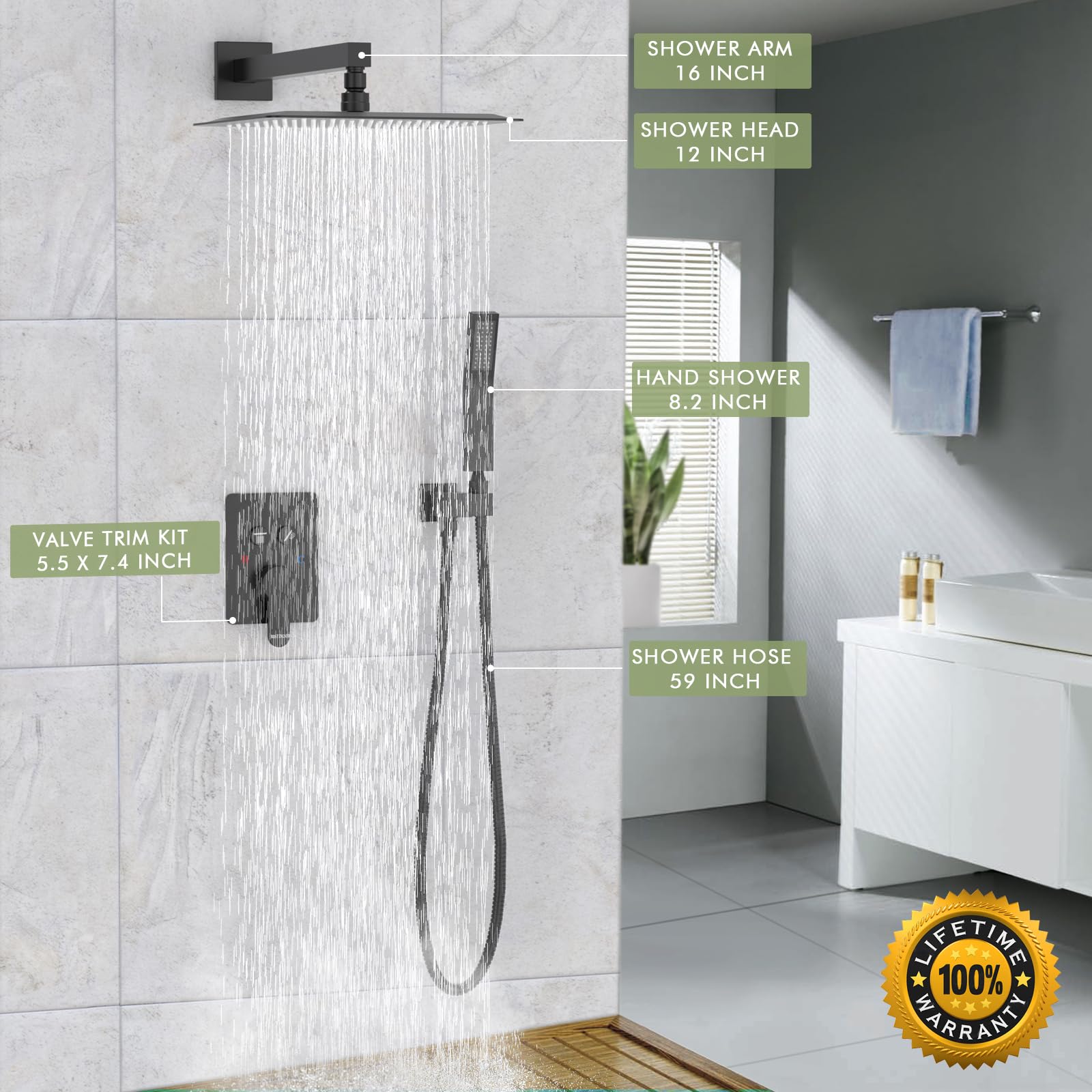 Premium Matte Black Shower System - Complete Wall Mounted Shower Faucet Set with Handheld Sprayer, 12