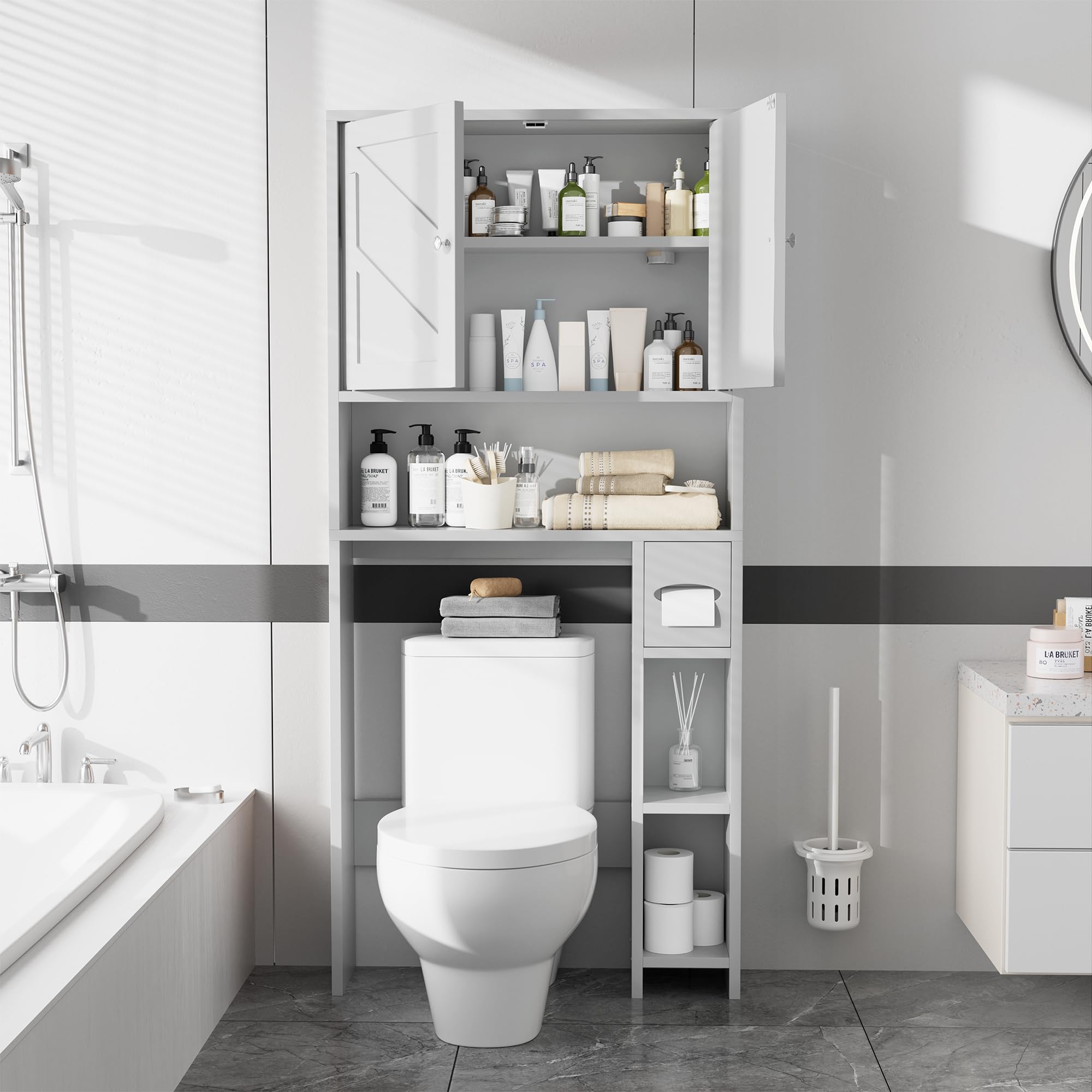 Meilocar Over The Toilet Storage Cabinet - Farmhouse Style Bathroom Organizer with Adjustable Shelf & Toilet Paper Holder | Freestanding Space Saver for Small Bathrooms | Perfect for Toilet Paper, Towels & Bath Essentials Storage (White)