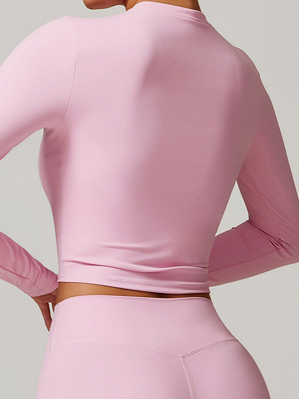 ZASUWA Women's Solid Color Quick Dry Elastic Tight Long Sleeve Workout Tops - Perfect for Yoga, Running & Gym Training