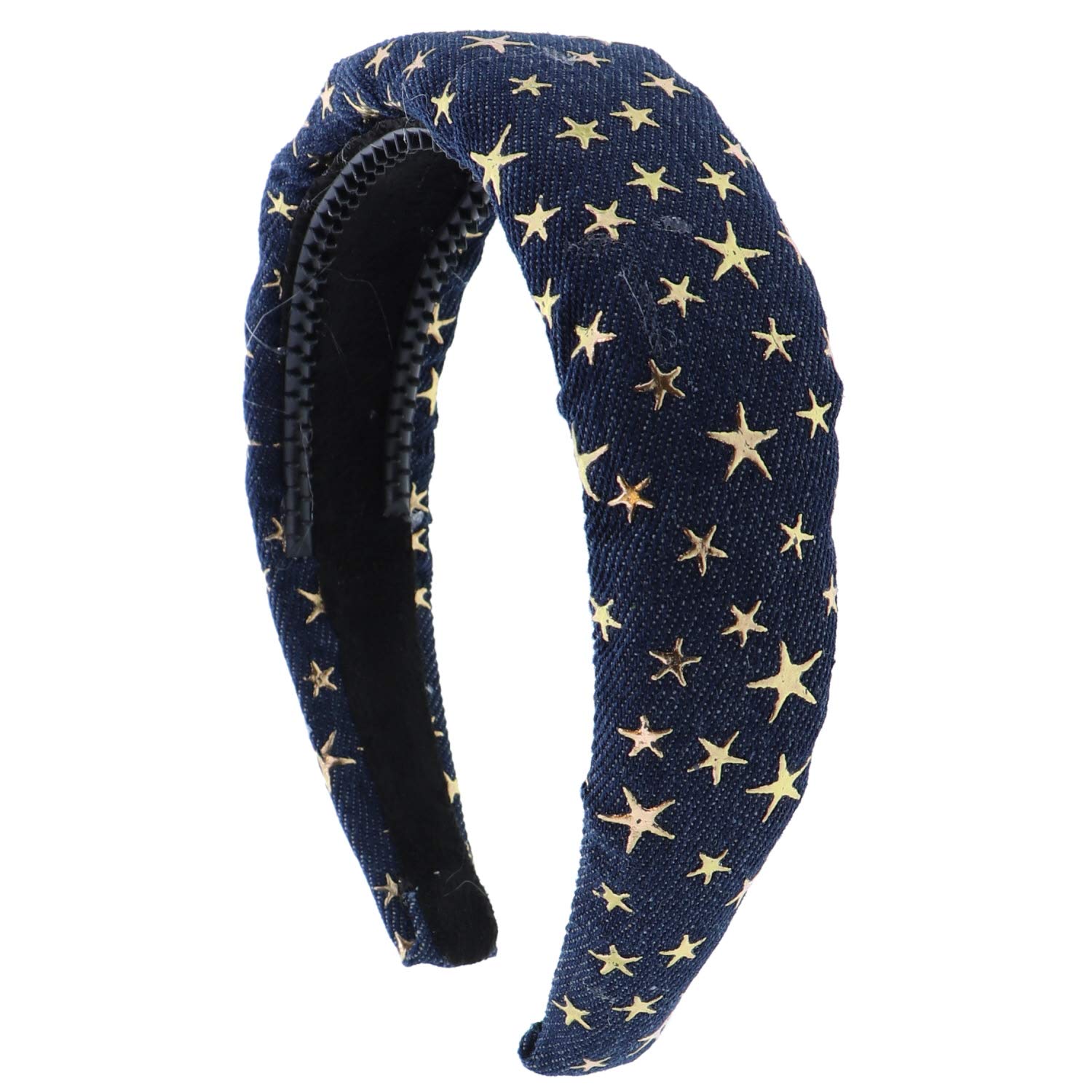 School and Everyday Wide Puffy Headband with Gold Stars - Denim Hair Accessory for Girls, Women, Teens - Perfect for School, Parties, and Fashion Outfits