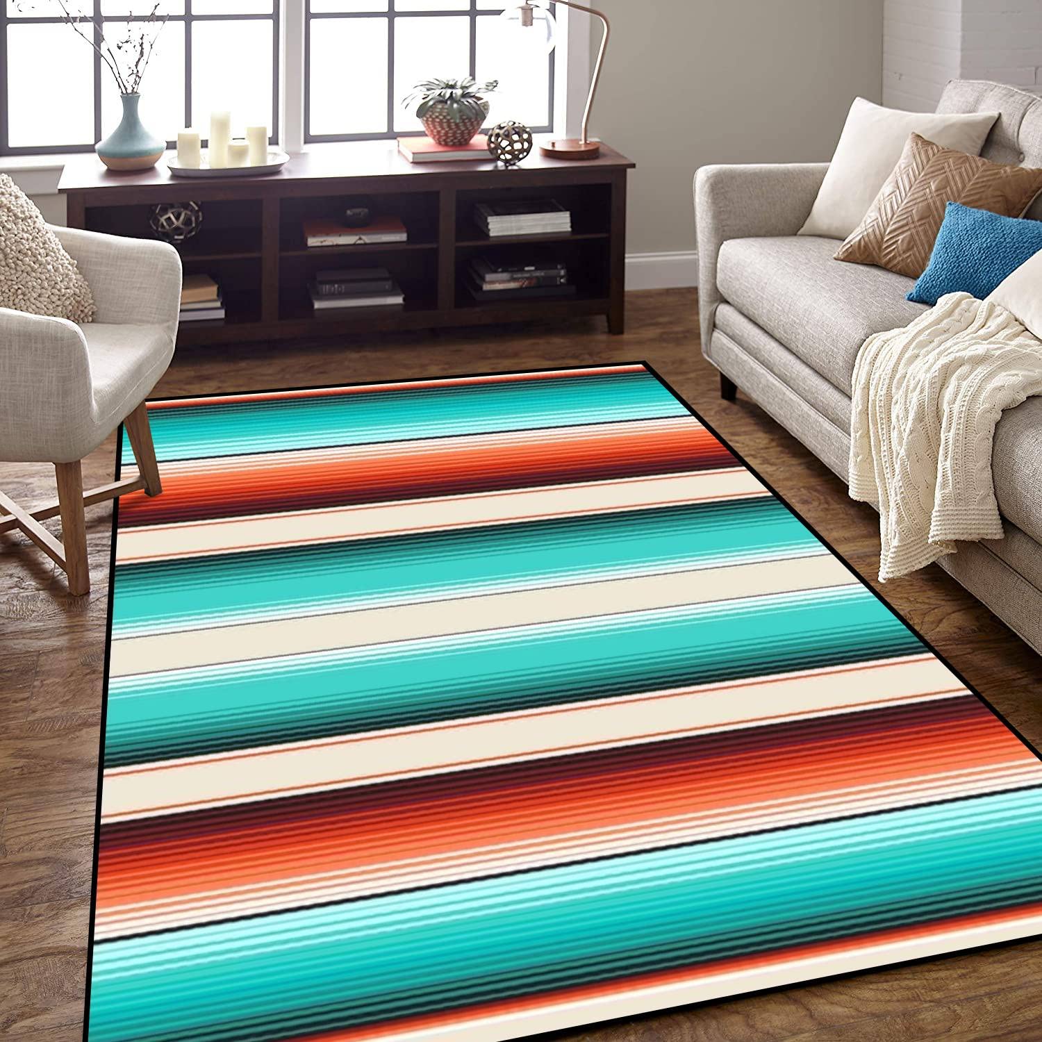 Non-Slip Area Rug - Navajo Style White Turquoise Orange Mexican Serape Stripes Indoor/Outdoor Carpet - Perfect for Living Room, Bedroom, Kids Room, Yoga Studio & Patio Decor