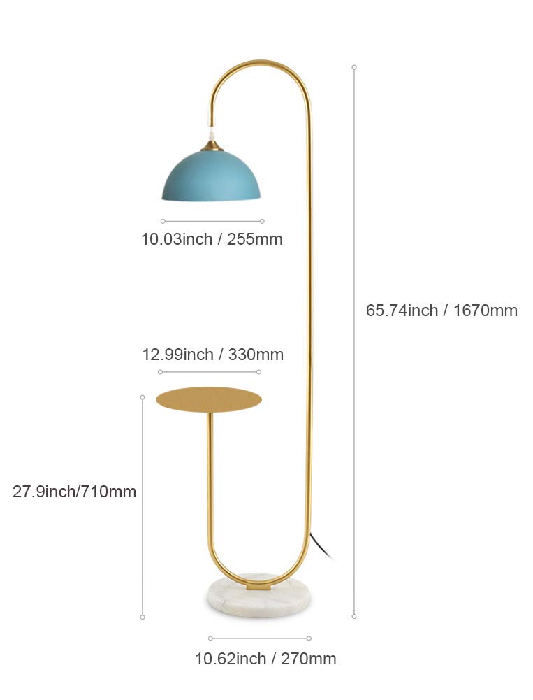 Modern LED Floor Lamp with Table - Brushed Brass Finish & Blue Shade for Bedroom, Living Room, Reading Light | Stylish Standing Lamp for Home Office, Study & Lounge Areas