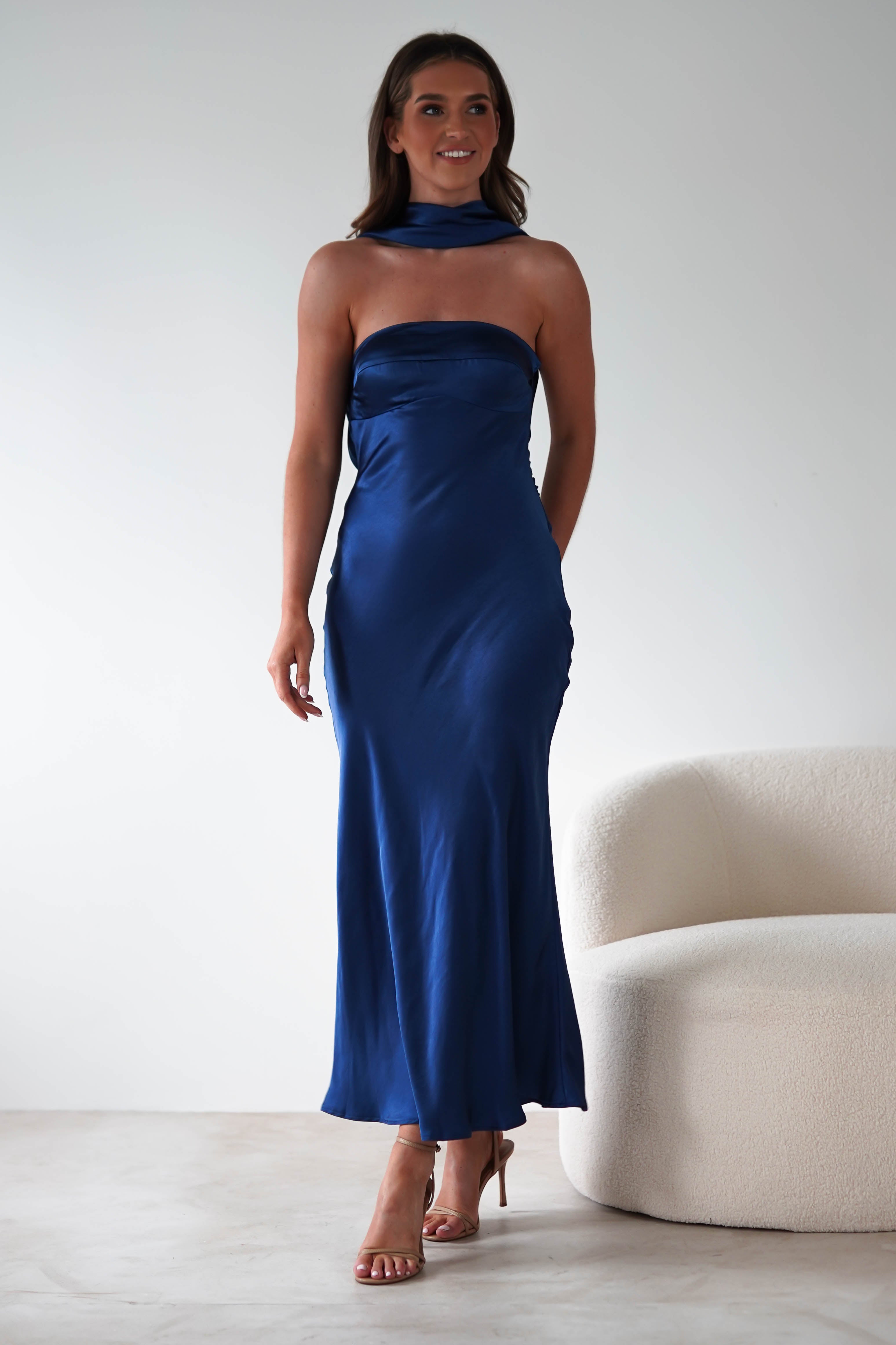 Alice Soft Satin Maxi Dress for Women - Elegant Navy Blue Long Evening Gown with Slit | Perfect for Weddings, Parties & Special Occasions