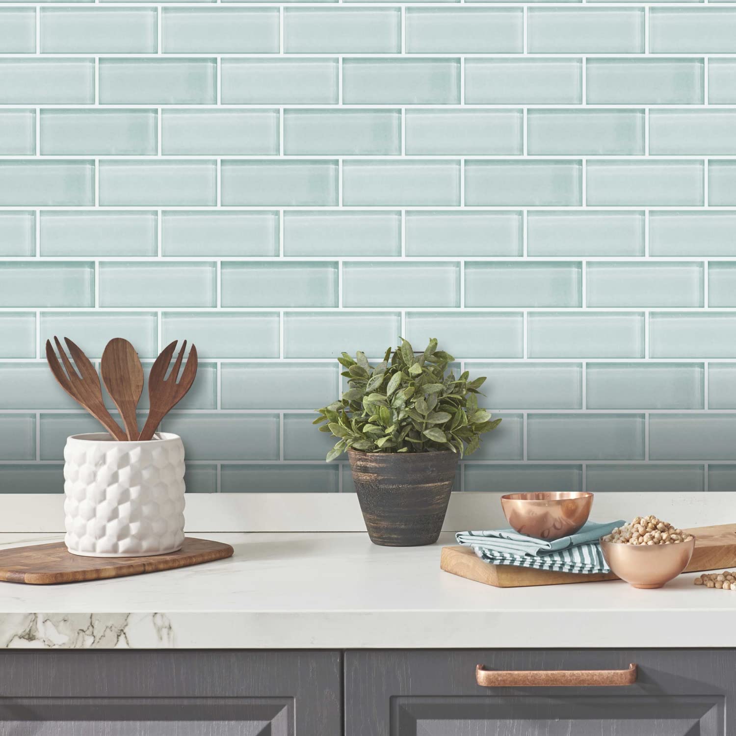 RoomMates TIL4964FLT Aqua Seaglass Peel and Stick Subway Tile - Self-Adhesive Waterproof Wall Stickers for Kitchen Backsplash, Bathroom, Laundry Room & Home Decor