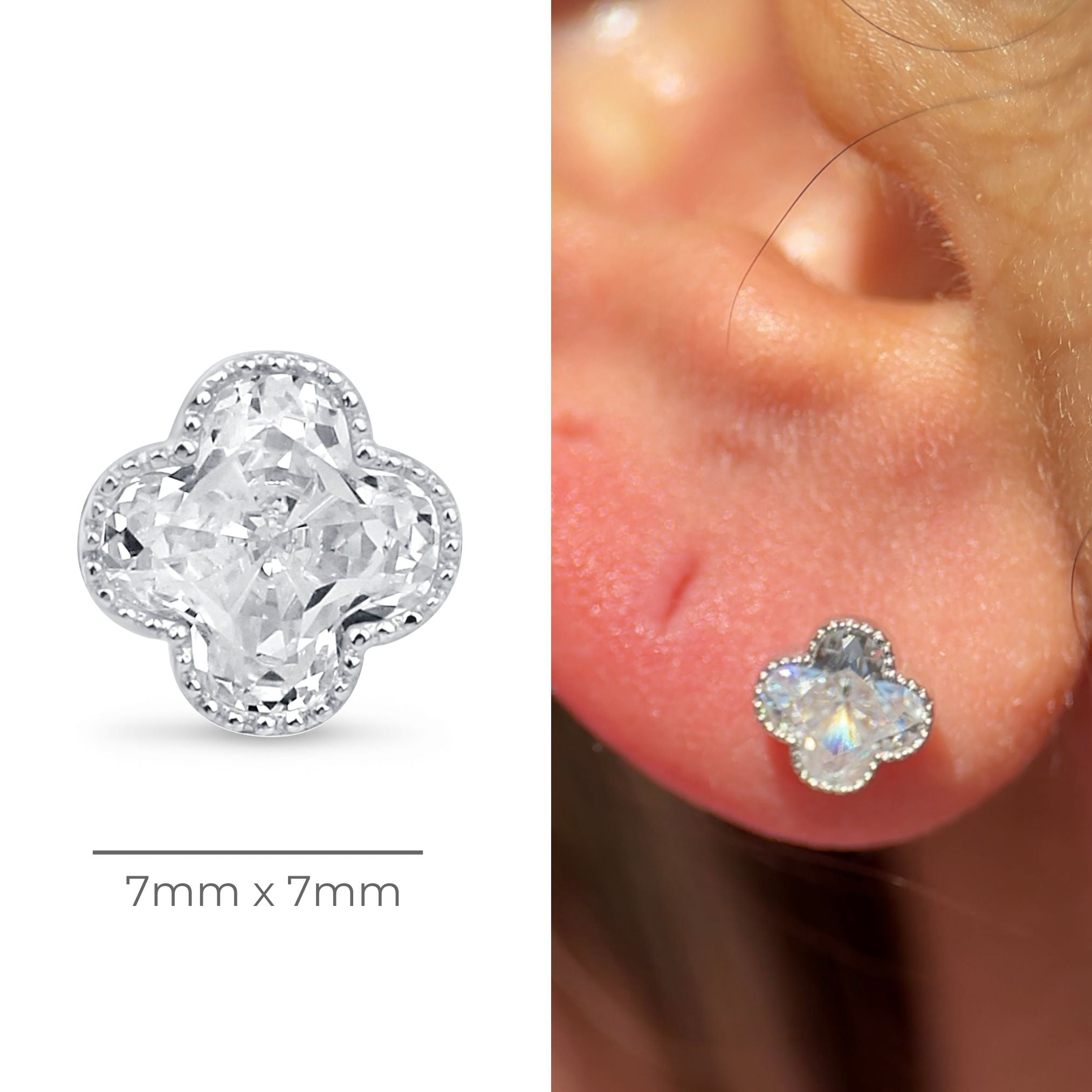 14K White Gold Diamond-Cut Beaded Clover Stud Earrings - Flat Back for Sensitive Ears | Perfect for Everyday Wear, Gifts & Special Occasions