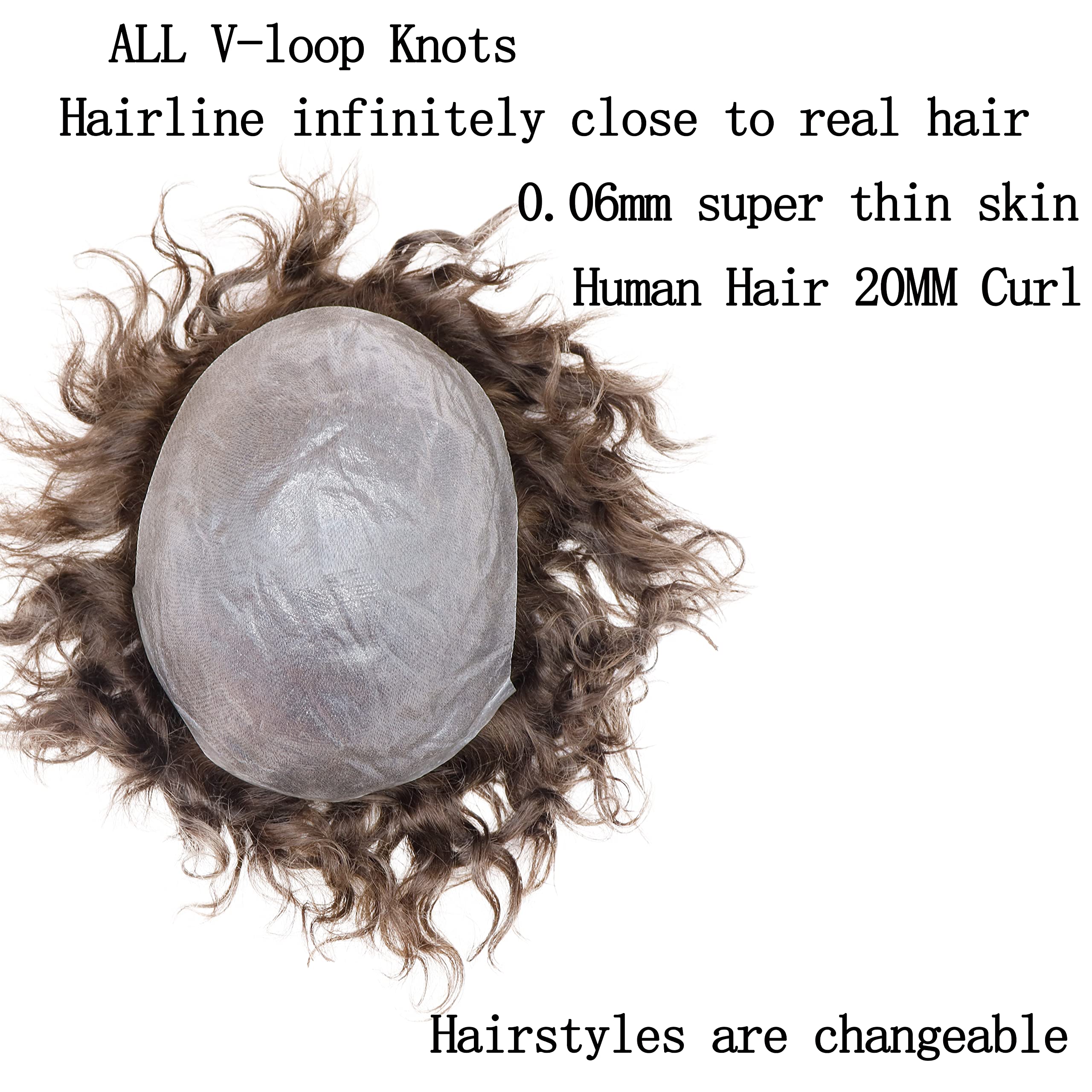 Men's Curly Human Hair Toupee Replacement System - 20MM Curl All V-looped Full Skin PU Wig (10x8 Inch, Natural Black) for Thinning Hair & Baldness Cover | Perfect for Daily Wear, Special Occasions & Confidence Boost
