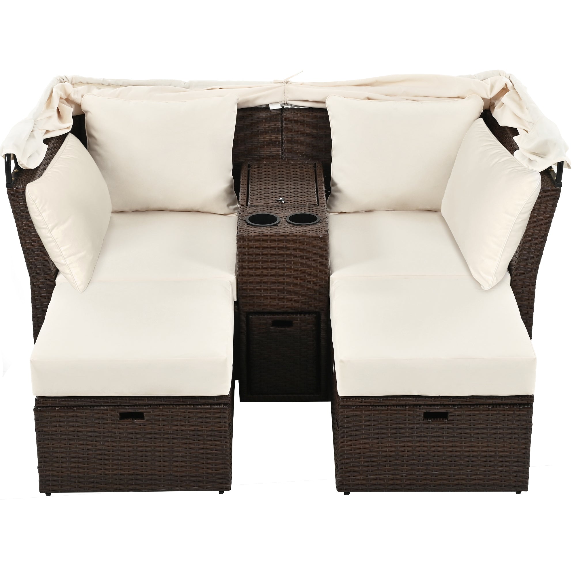 2 Seater Outdoor Patio Daybed with Foldable Awning & Cushions - Double Loveseat Sofa Set for Garden, Balcony, Poolside - Perfect for Relaxing, Sunbathing & Outdoor Lounging (Beige)