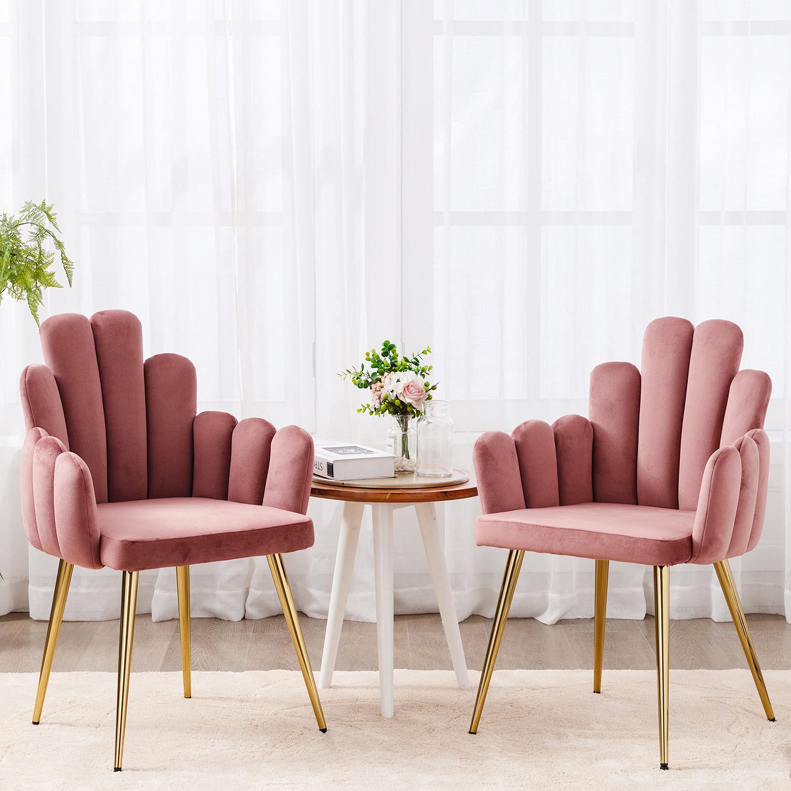 Set of 2 Modern Velvet Upholstered Dining Chairs with Arms - Pink Finger Shape Accent Chairs with Gold Metal Legs for Living Room, Dining Room & Makeup Vanity - Perfect for Home Decor, Entertaining & Small Spaces