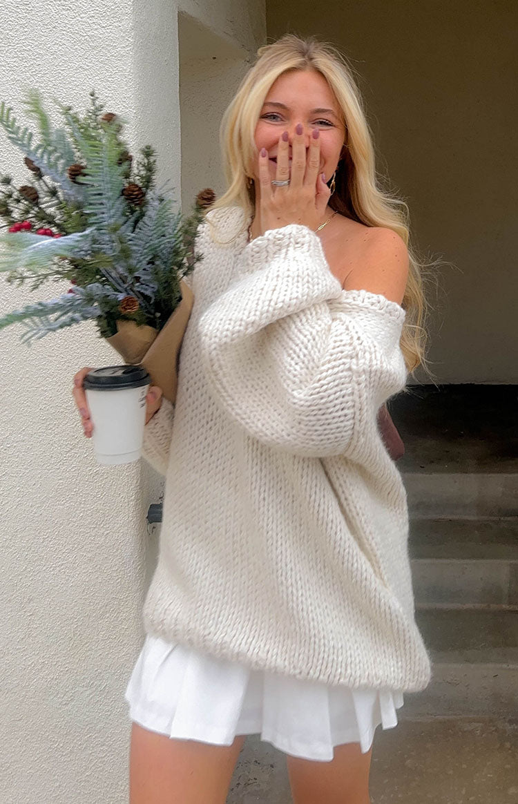 Delvey Cream Chunky Knit Sweater for Women - Soft Oversized Cable Knit Pullover - Cozy Winter Sweater for Casual Outfits & Cold Weather