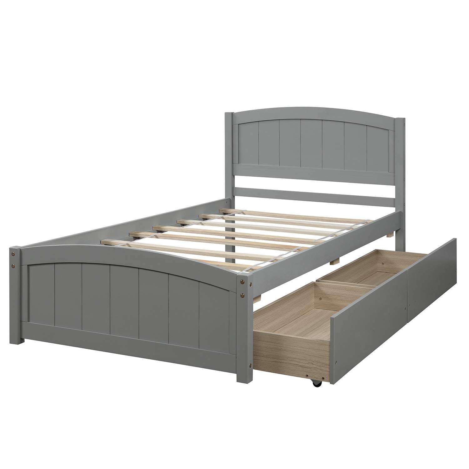 P PURLOVE Solid Wood Twin Size Platform Bed Frame with Storage Drawers & Headboard - Sturdy Wooden Bed for Kids & Teens - Perfect for Small Bedrooms, Guest Rooms & Dormitories