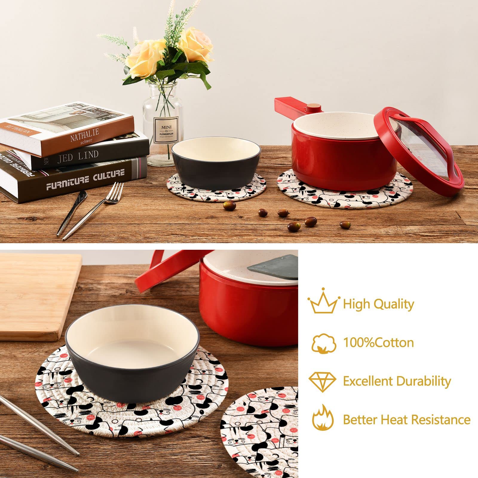 Cute Tabby Cat Pot Holders & Trivets Set of 2 - Heat Resistant Kitchen Trivets for Hot Dishes, Pans & Bowls - Funny Cartoon Cotton Woven Hot Pads - Perfect for Kitchen Decor & Gift Giving
