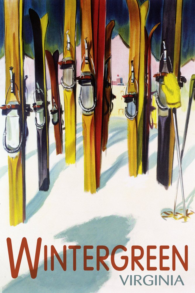Wintergreen Virginia Colorful Skis - 16x24 Gallery Quality Metal Wall Art, Aluminum Home Decor for Ski Lodge, Cabin & Mountain Retreat
